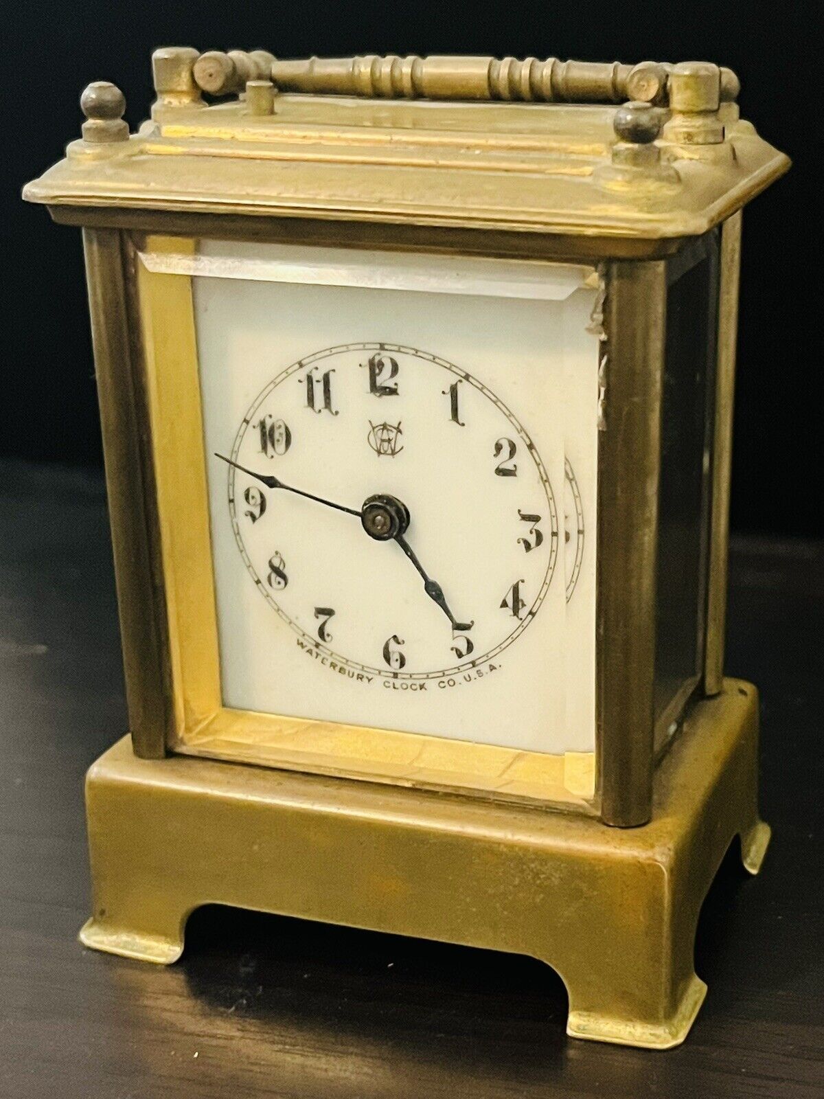 WATERBURY CLOCK CO. SMALL BEVELLED GLASS CHIMING CARRIAGE CLOCK -Porcelain Face