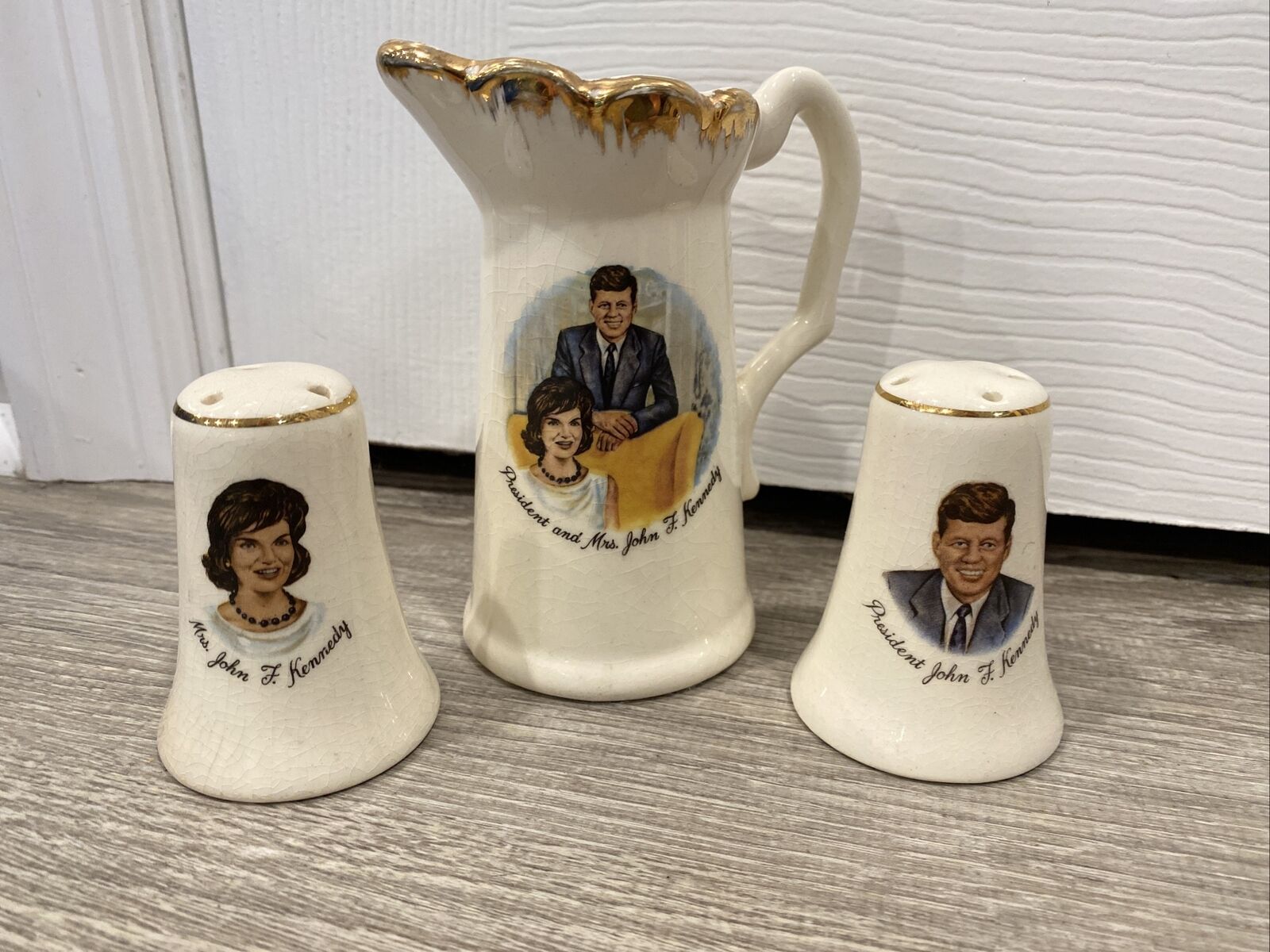 John F Kennedy & Mrs Vintage Mid Century Porcelain Creamer & Salt Pepper Shaker