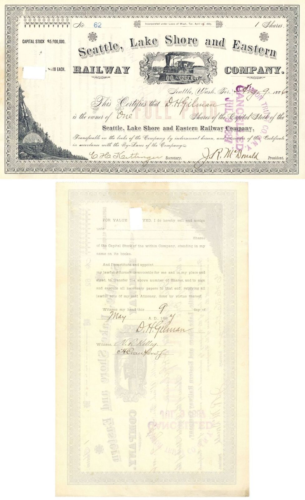Seattle, Lake Shore and Eastern Railway Co. issued to and signed by Daniel Hunt 