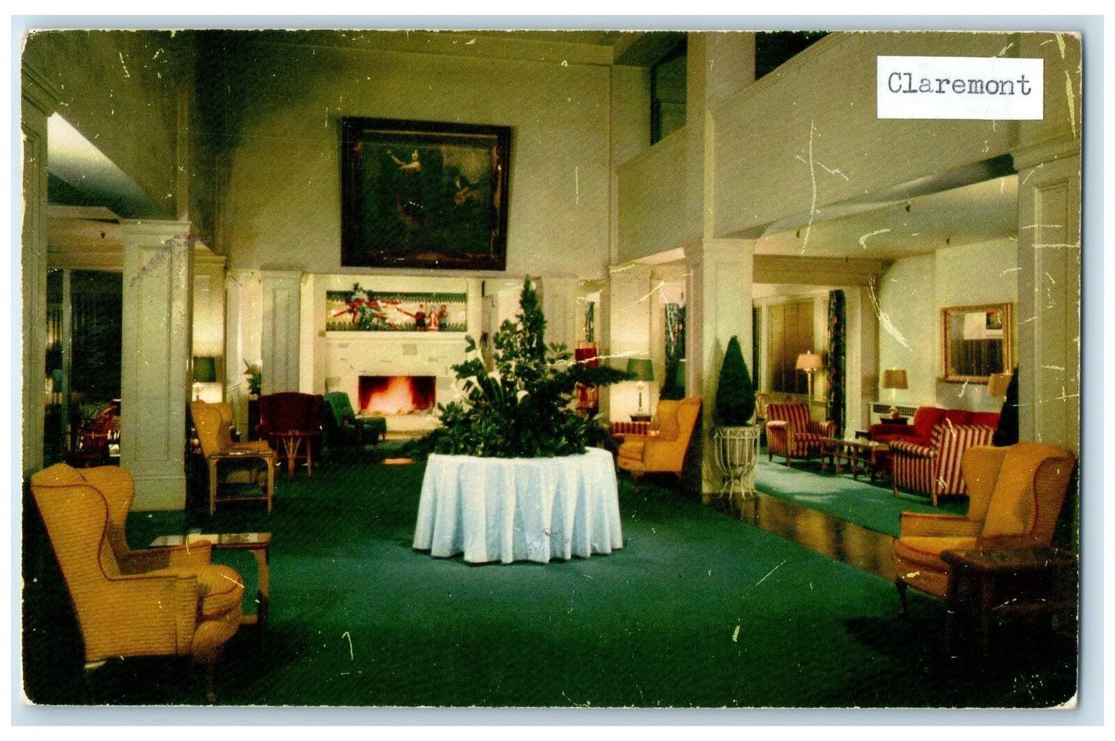 1957 Hotel Claremont Lobby Painting Fireplace Berkeley California CA Postcard