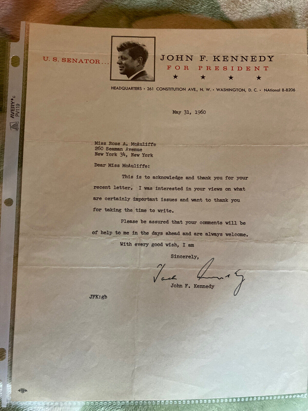 John F Kennedy signed letter 1960
