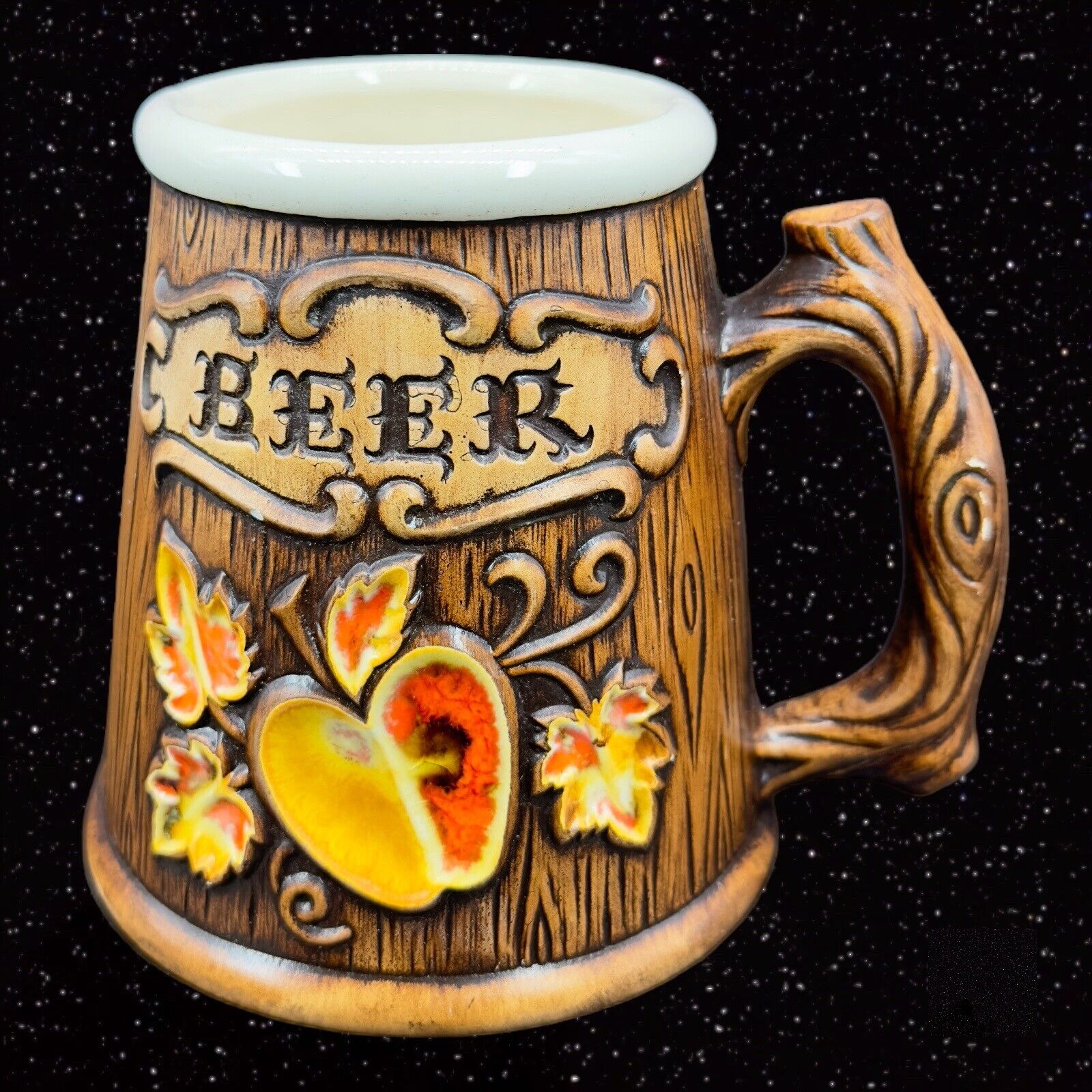Vintage Treasure Craft Beer Stein Wood Look White Brown Apple Mug 4.5\