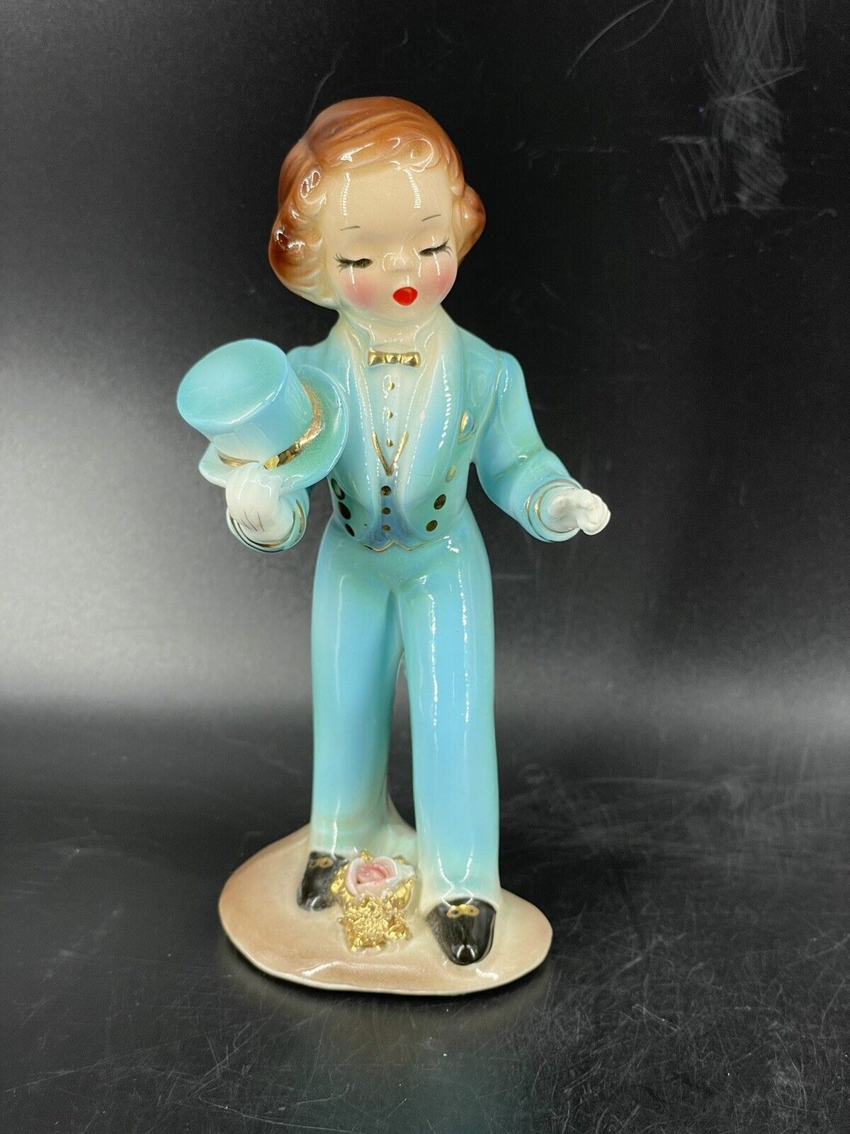 Arnart Japan Figurine Boy Turquoise Tuxedo 7785 Top hat Rose 50’s Vintage