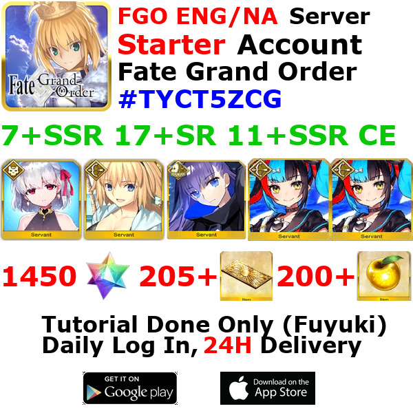 [ENG/NA][INST] FGO / Fate Grand Order Starter Account 7+SSR 200+Tix 1460+SQ #TYC