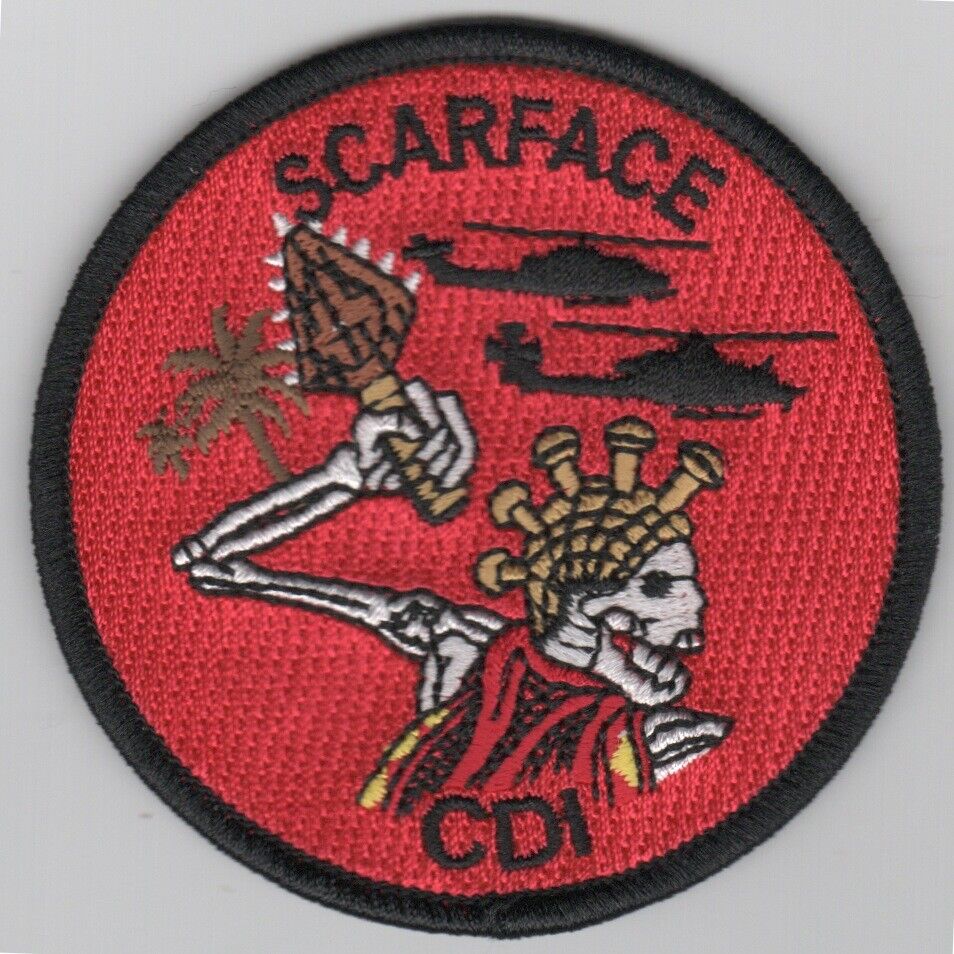 MARINE CORPS HMLA-367 CDI SCARFACE SKELETON ROUND MILITARY EMBROIDERED PATCH