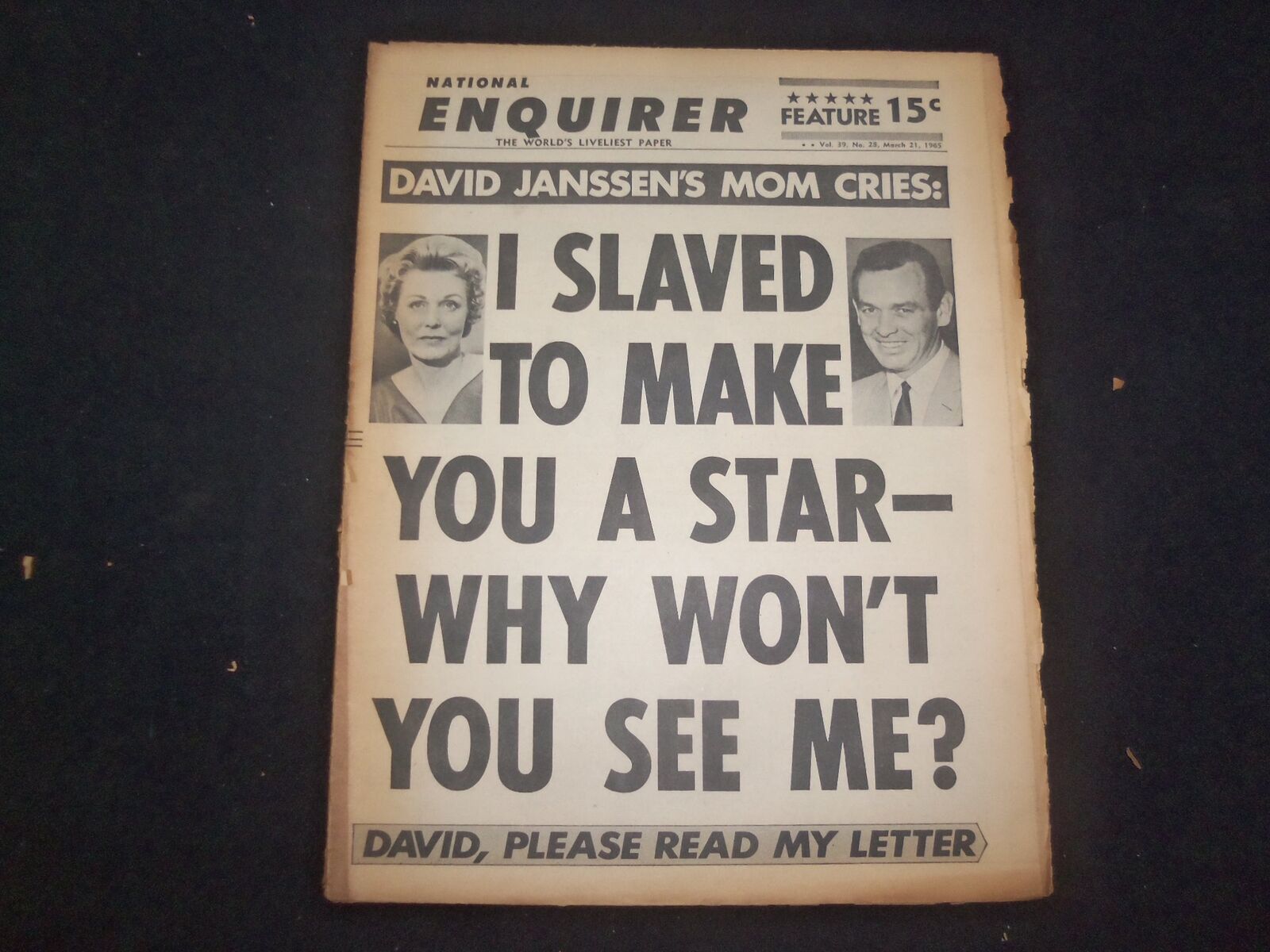 1965 MARCH 21 NATIONAL ENQUIRER NEWSPAPER - DAVID JANSSEN'S MOM CRIES - NP 7379