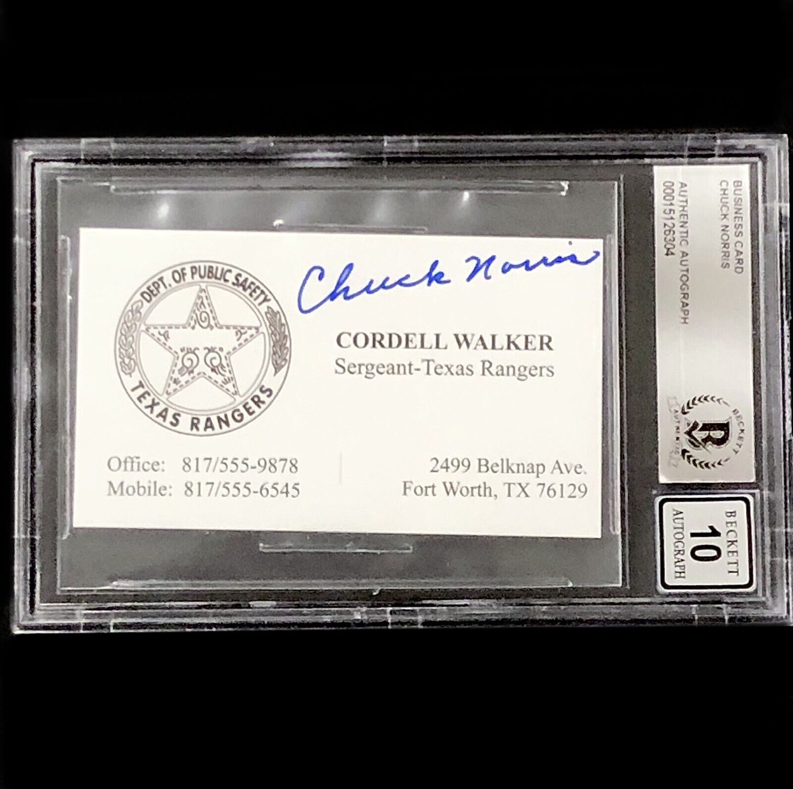 Chuck Norris autograph signed Walker Texas Ranger business card BAS 10 Autograph
