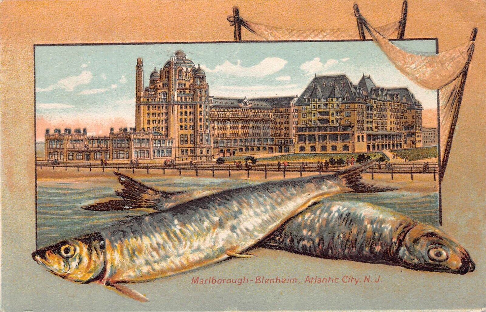 Marlborough-Blenheim Hotel, Atlantic  N.J, Early Embossed Postcard, Used in 1914