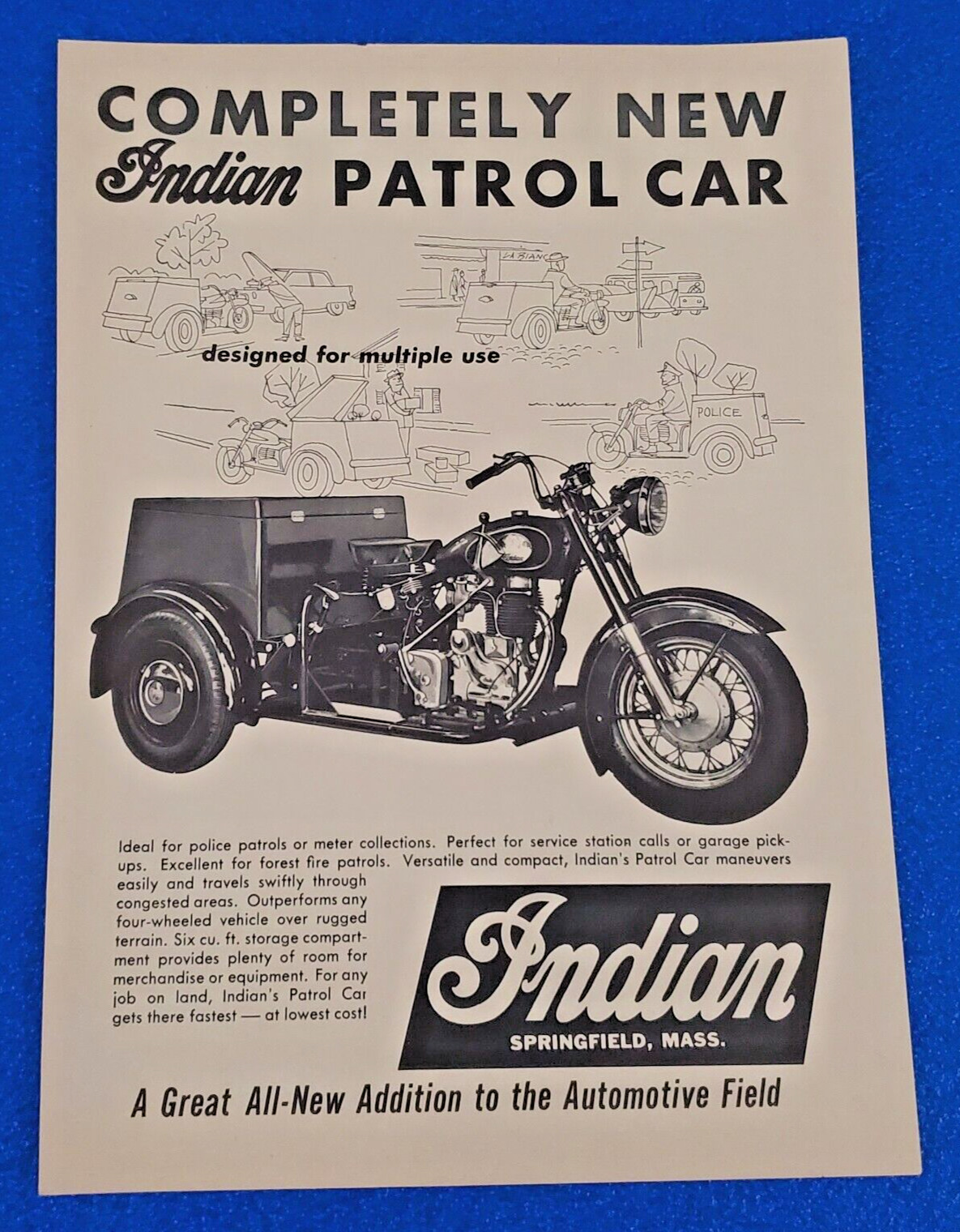 VINTAGE 1959 INDIAN PATROL CAR ORIGINAL PRINT AD  CLASSIC RARE AD