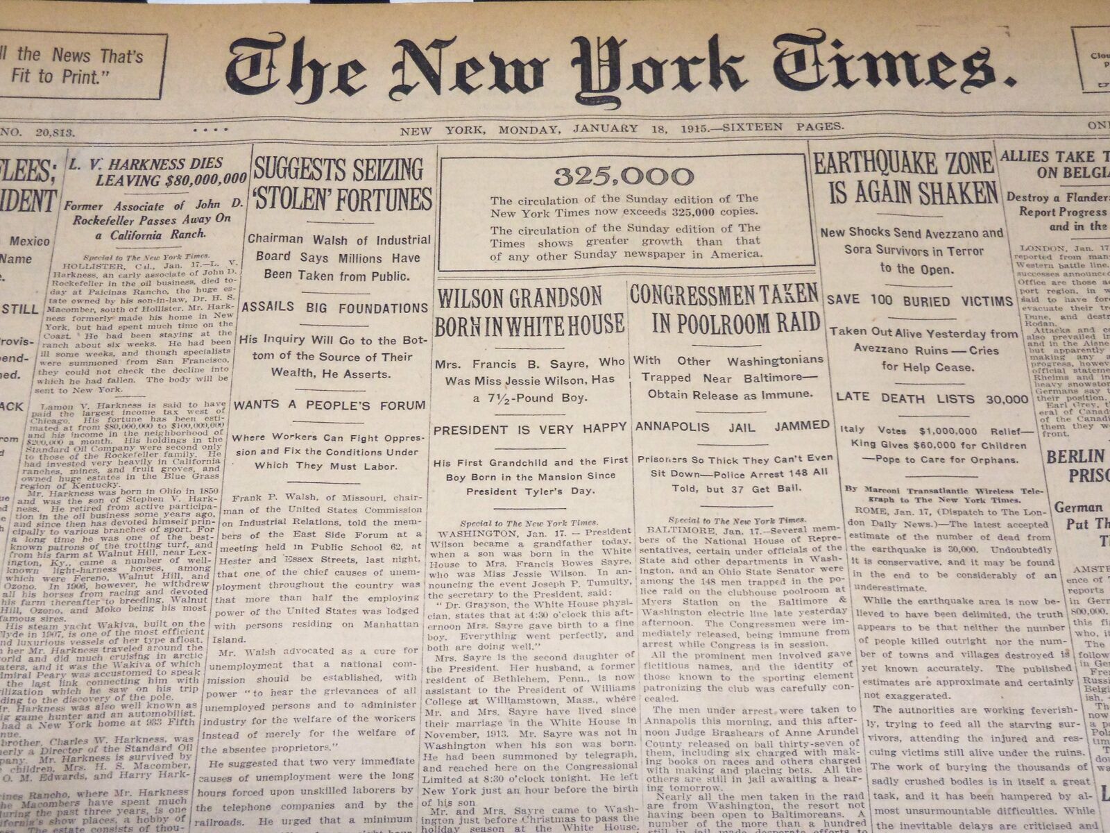 1915 JANUARY 18 NEW YORK TIMES- L. V. HARKNESS DIES LEAVING $80,000,000- NT 7837