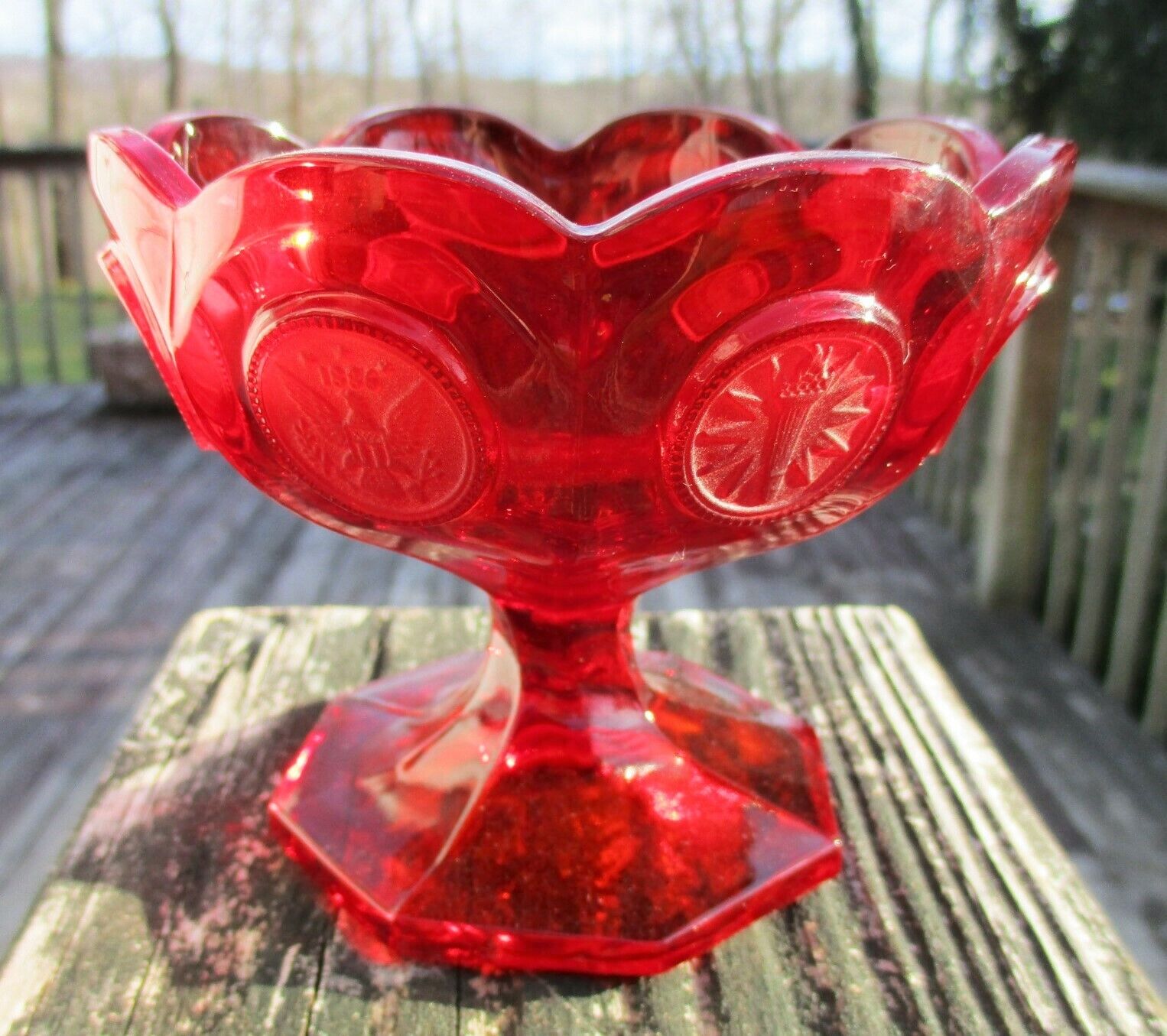 Vintage Fostoria Ruby Red Coin Dot Glass Compote Candy Dish Scalloped Edges
