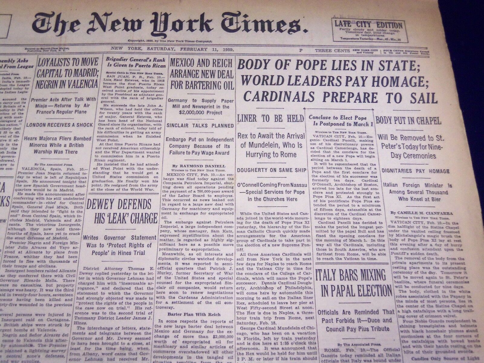 1939 FEBRUARY 11 NEW YORK TIMES - BODY OF POPE LIPS IN STATE - NT 4358