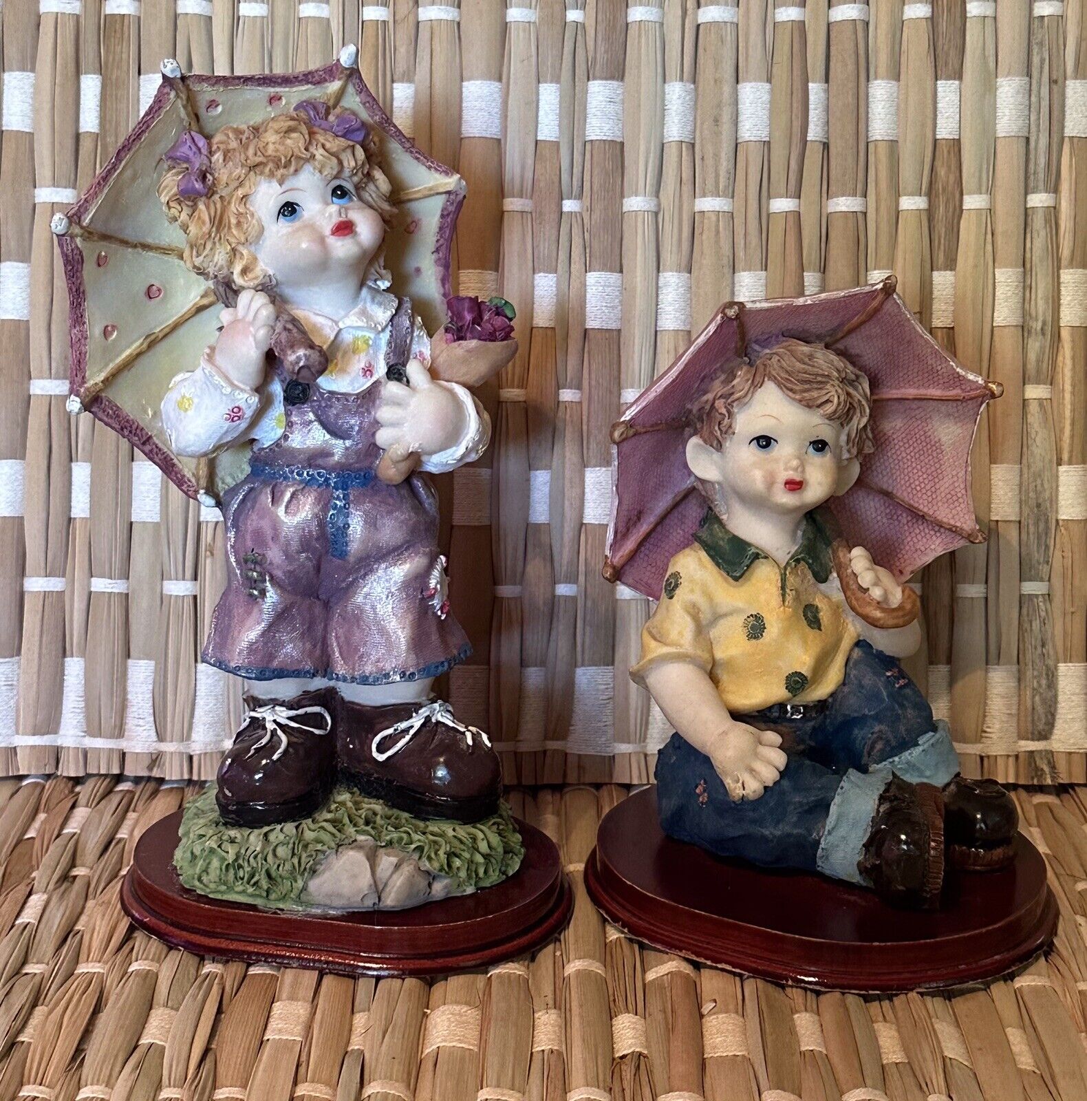 Beautiful Vintage Figurines Little Boy And Girl Holding Umbrellas 