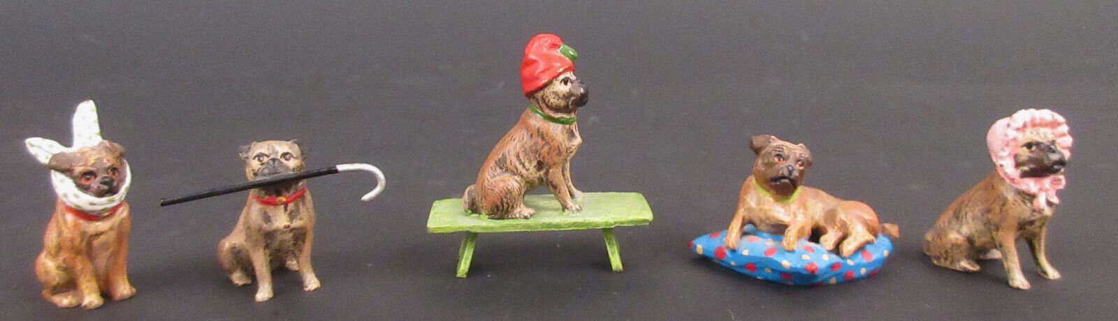 Group Five 5 Antique Vienna Bronze Cold-Painted Pug Dogs Miniature Viennese Art