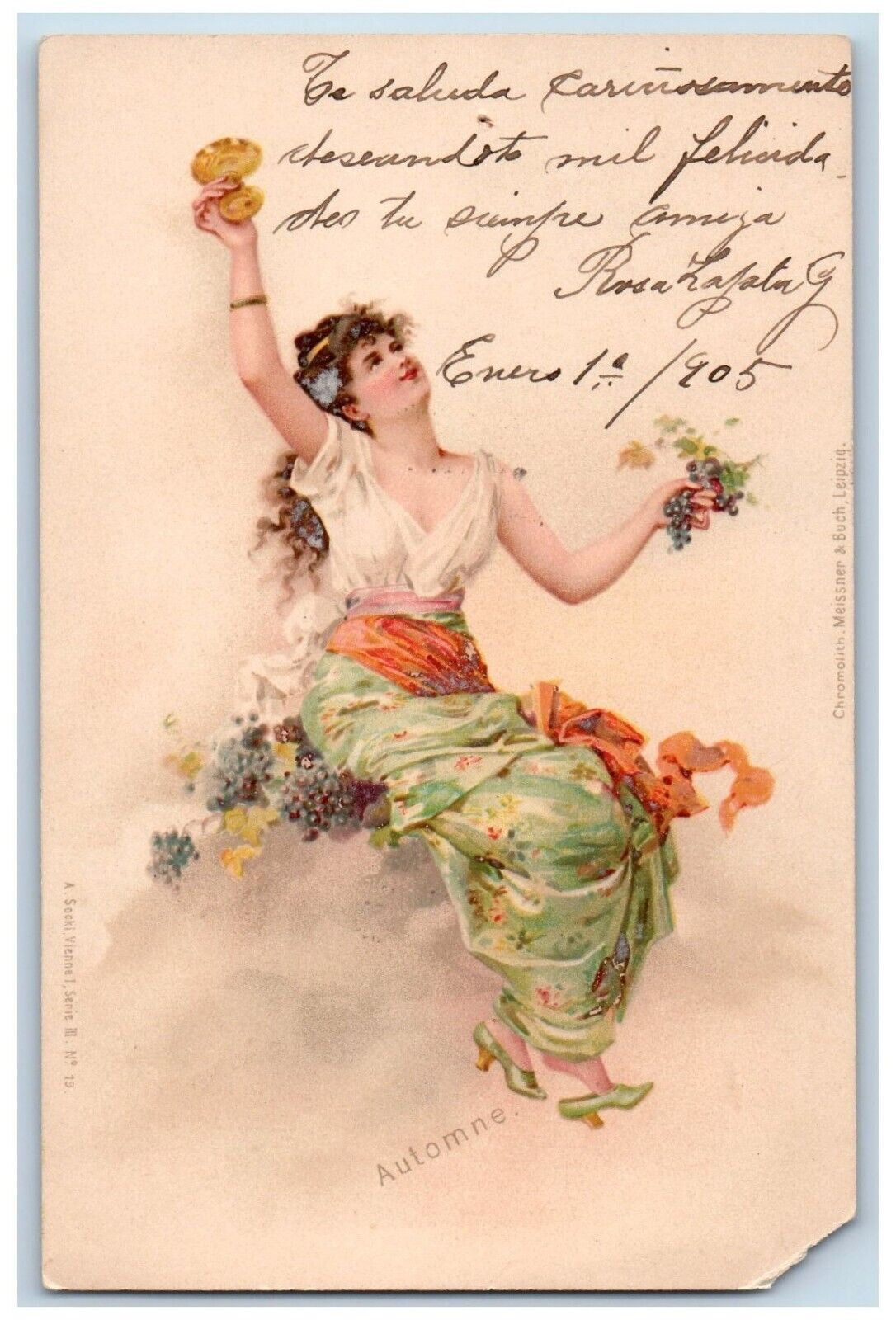 Pretty Woman Postcard Art Nouveau Grapes c1905 Posted Antique