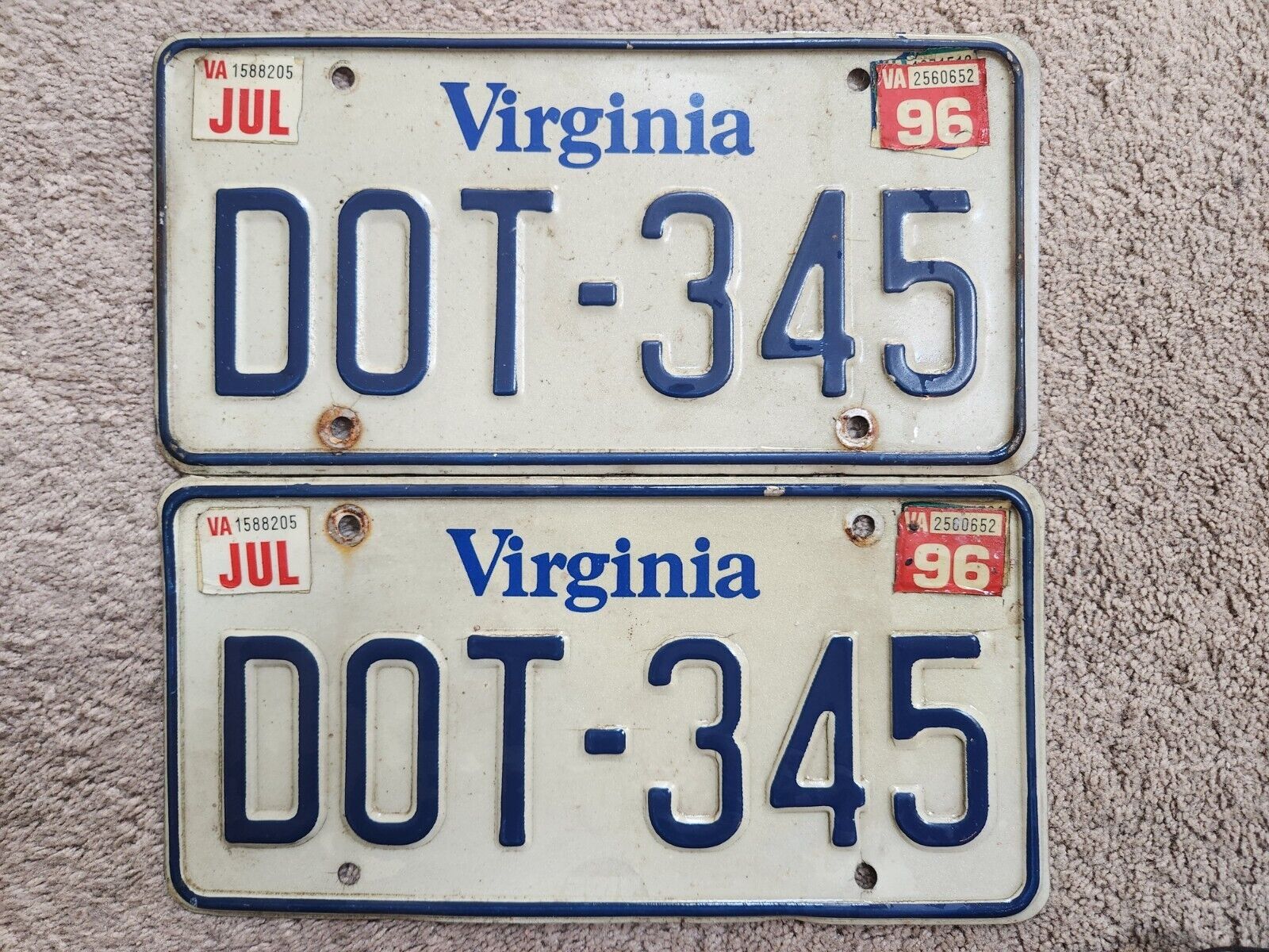 Vintage 1996 Virginia License Plate Set DOT-345
