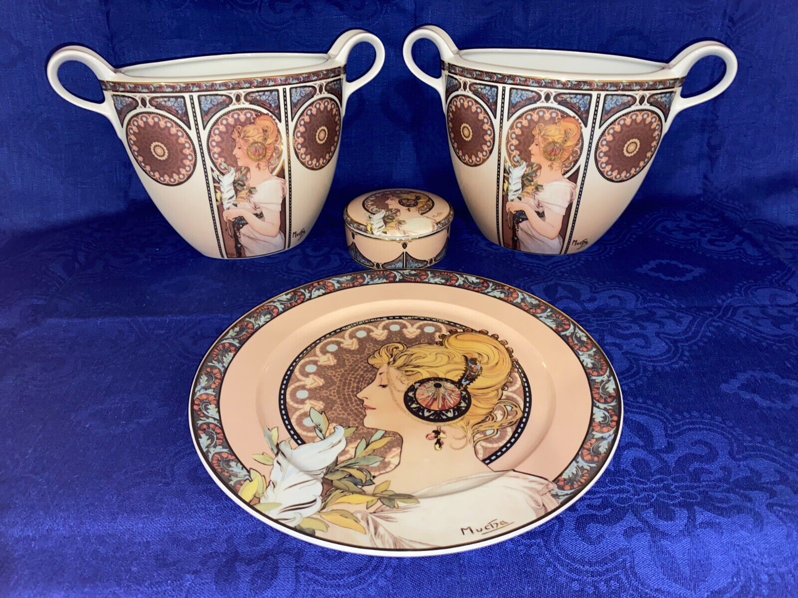 Breathtaking Mucha Trust Collection: Rare Set of Two Vases, Plate and Round-Box