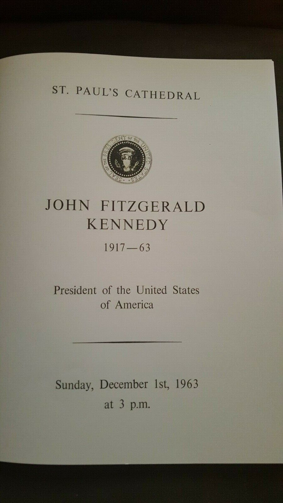 John Fitzgerald Kennedy  Memorial Program From St. Paul's Cathedral 
