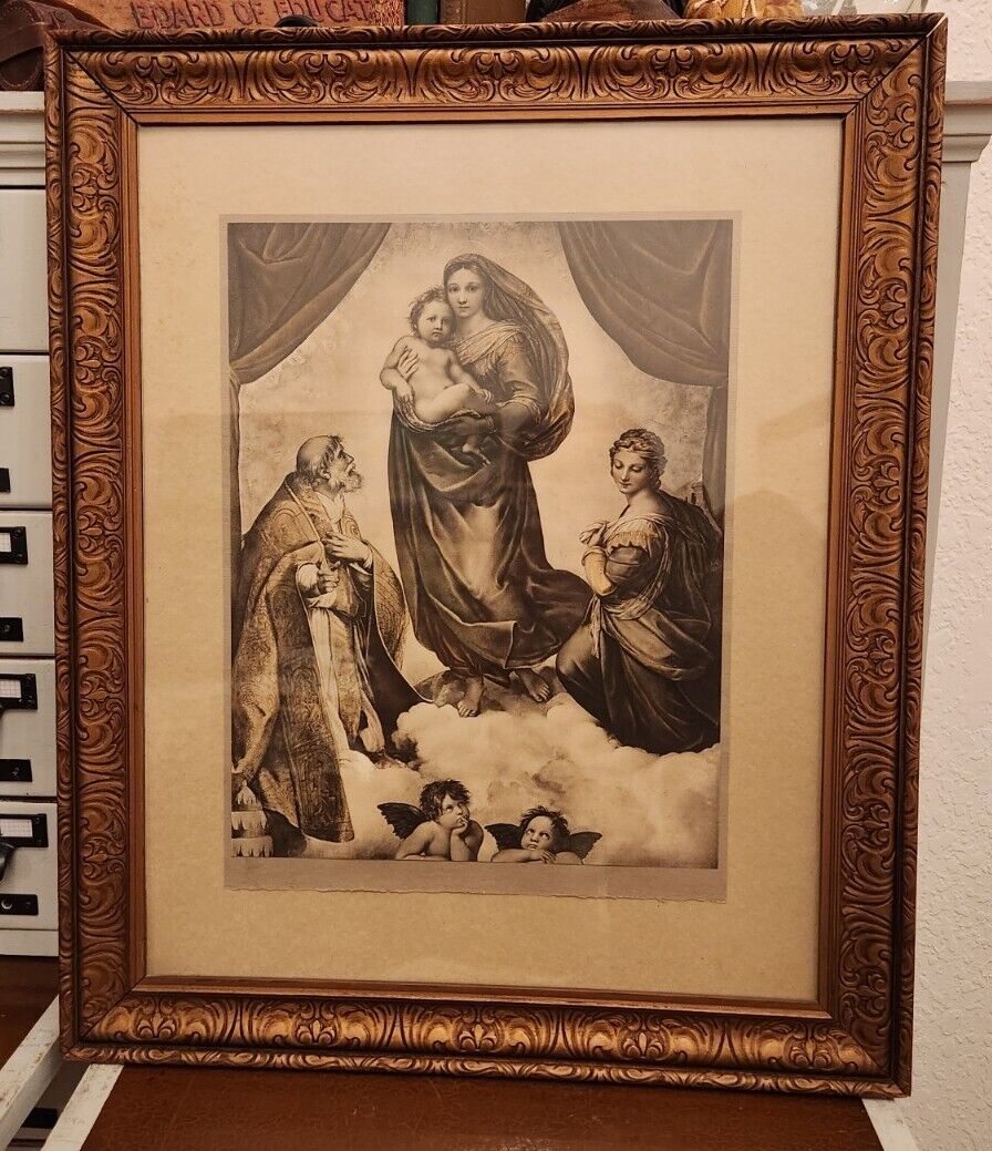 Sistine Madonna Raphael Vintage Antique Religious Art Print Gold Ornate Frame