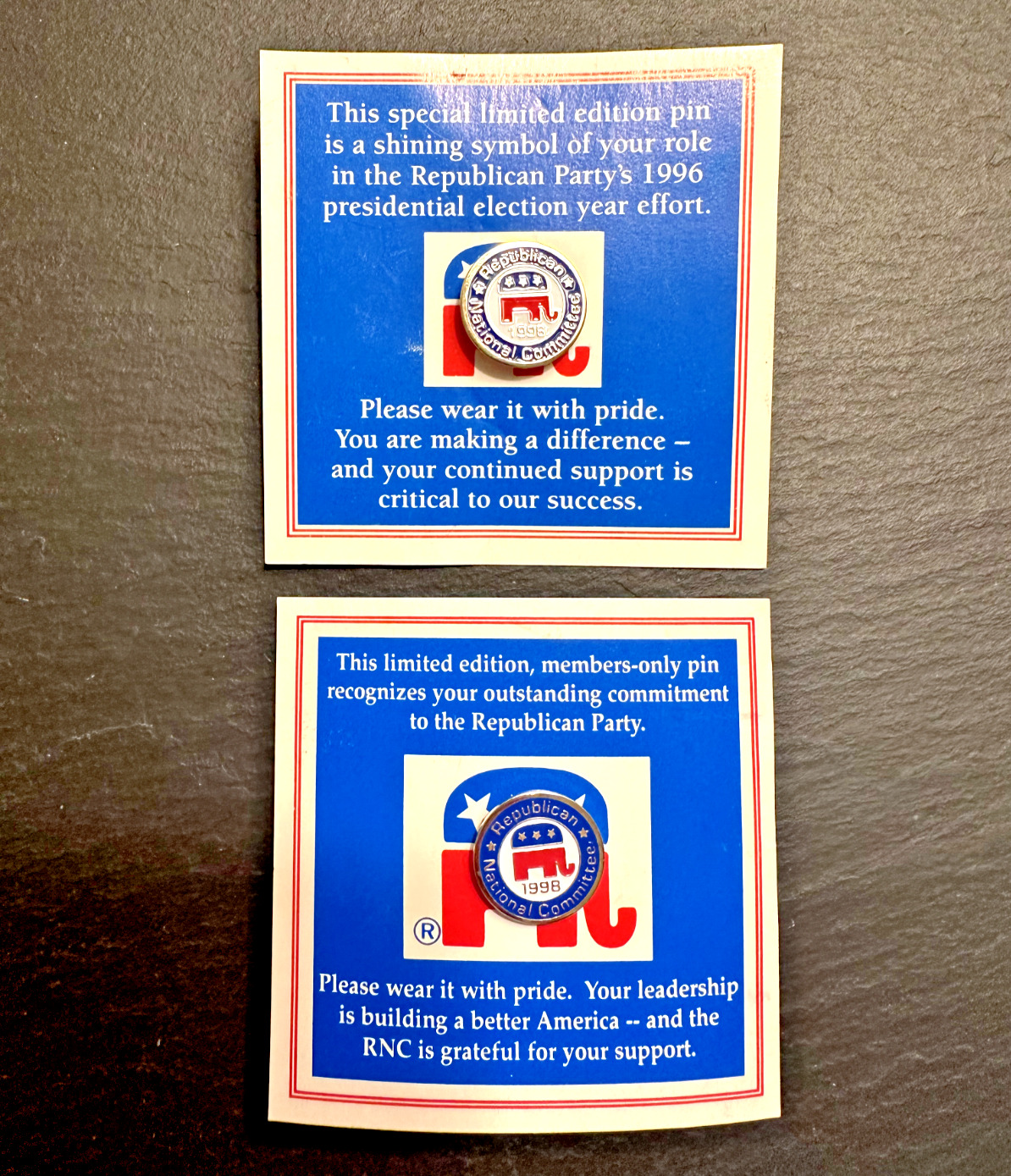 1996 & 1998 US REPUBLICAN PARTY SPECIAL LIMITED EDITION MEMBER PINS ON CARDS