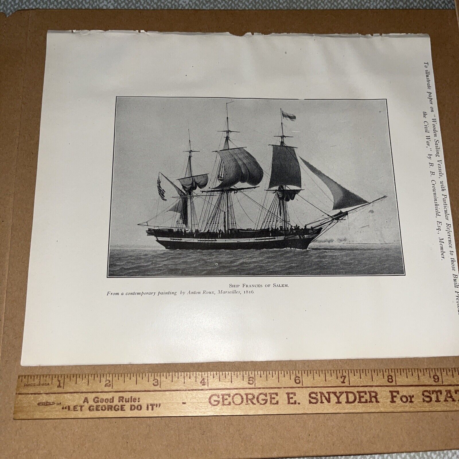 Antique 1907 Plate of 1816 Anton Roux Painting: Ship Frances of Salem Vessel