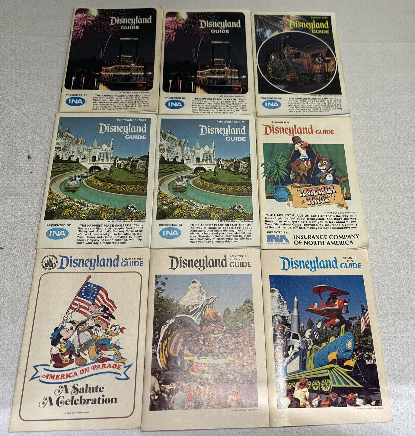 VINTAGE COLLECTION OF 9 INA - YOUR GUIDE TO DISNEYLAND - BOOKLETS - 1972 - 1976