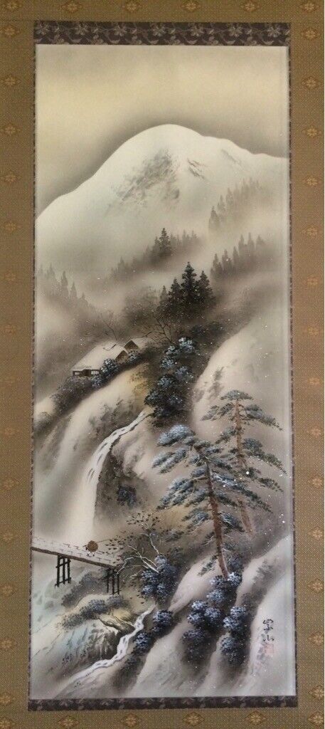 Japanese Painting Hanging Scroll  Mountain Village Snow Landscape Asian Art #04