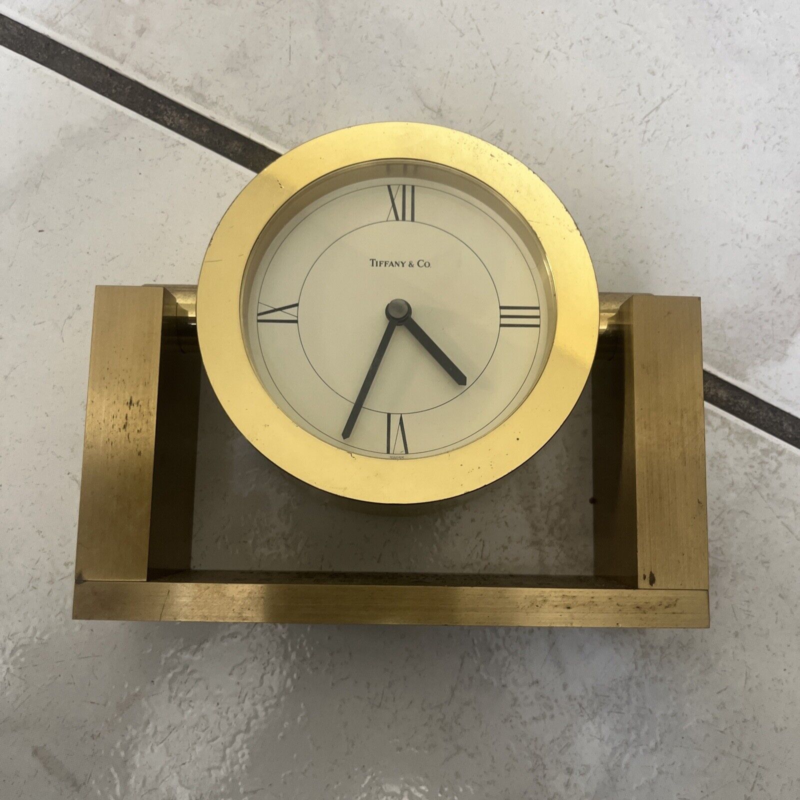 TIFFANY & CO. Brass Swiss Desk Clock  Vintage Tilt Design Untested