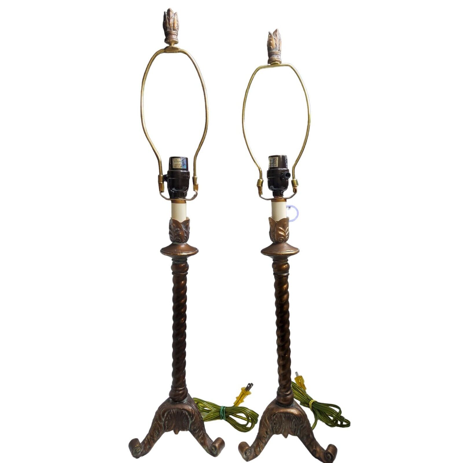 vintage neoclassic twist candle holder design tri-pod feet pair of antiqued tabl