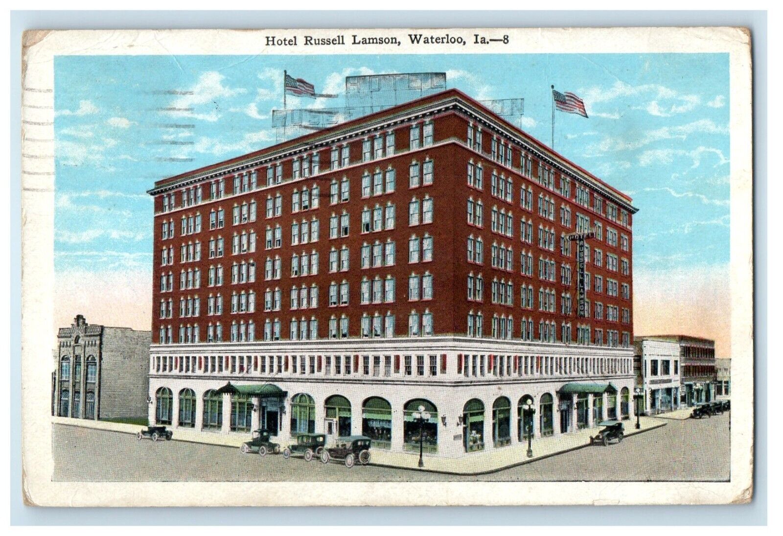 1928 Hotel Russell Lamson Building Cars Waterloo Iowa IA Vintage Postcard