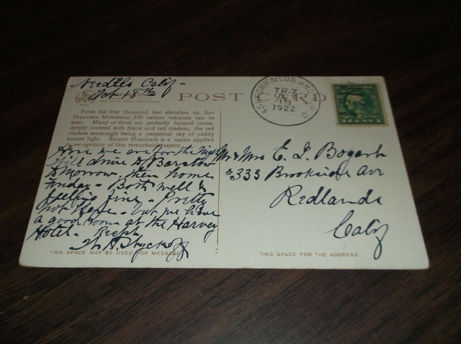 1922 FRED HARVEY SANTA FE ATSF SUNSET MOUNTAIN FLAGSTAFF TRAIN #7 RPO POST CARD 