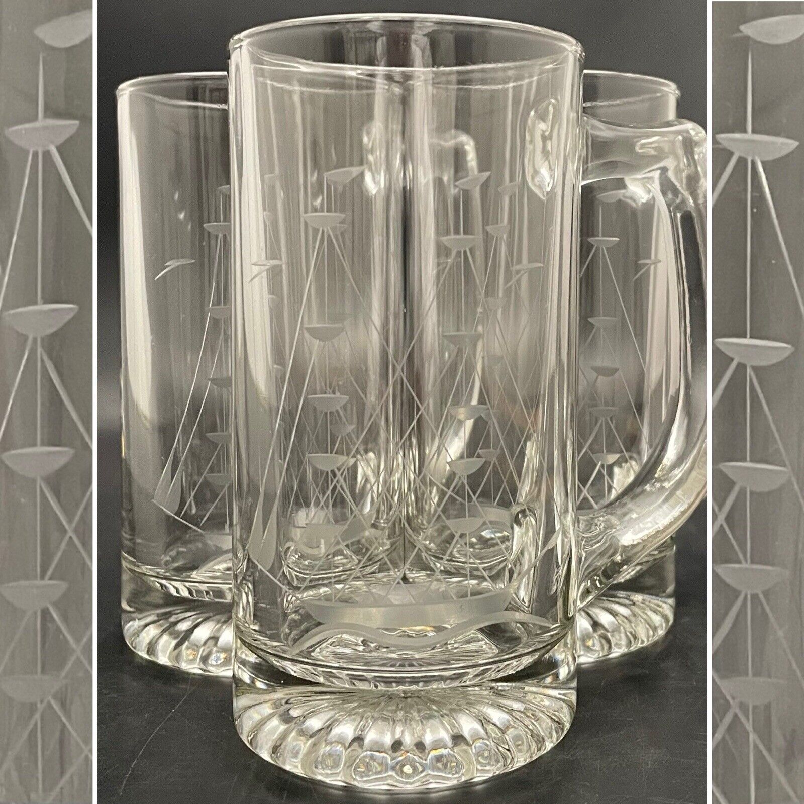 Princess House 412C Etched Clipper Ship Crystal Beer Mugs 3pc Set 1998 USA 5.5\