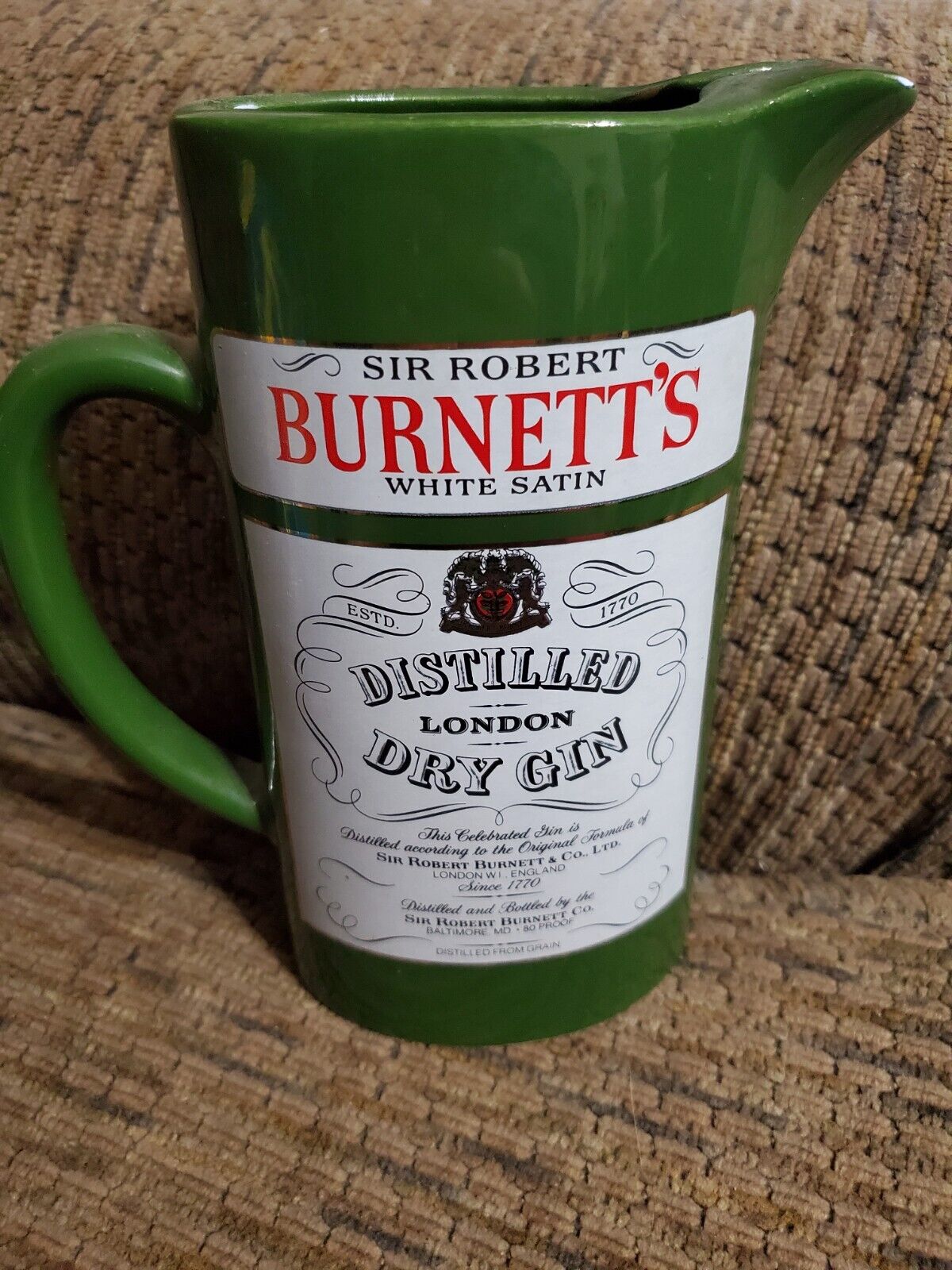 Vintage Sir Burnett's White Satin Distilled London Dry Gin Green Ceramic Pitcher