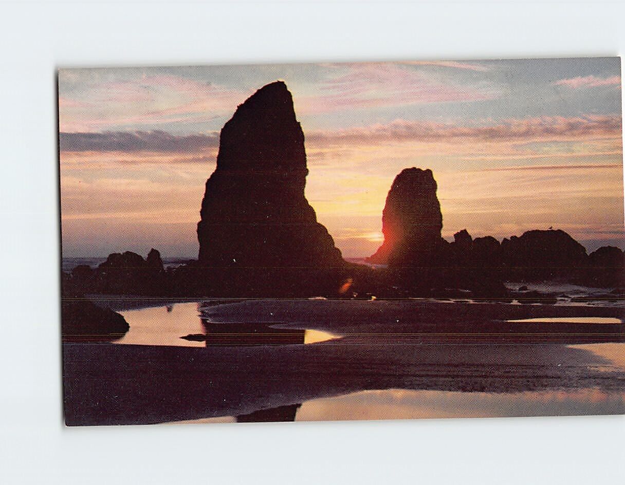 Postcard Sunset Scene Haystack Rock & the needles Coast of Oregon USA