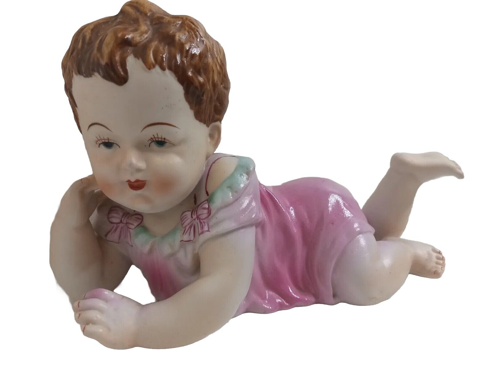 Vintage Antique German Crawling Piano Baby Porcelain Bisque Figure Figurine Girl