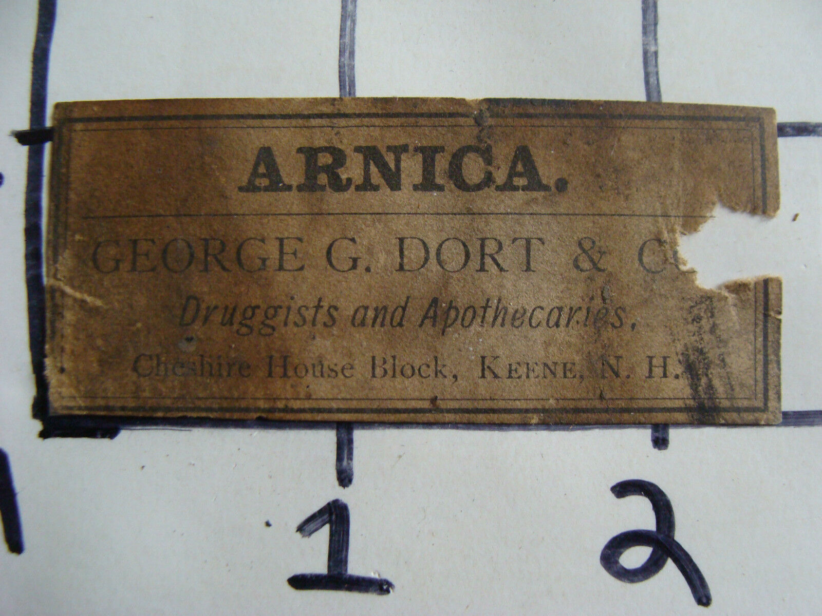 Original Medicine label: 1800's ARNICA,  George G. Dort & co. druggest, Keene NH
