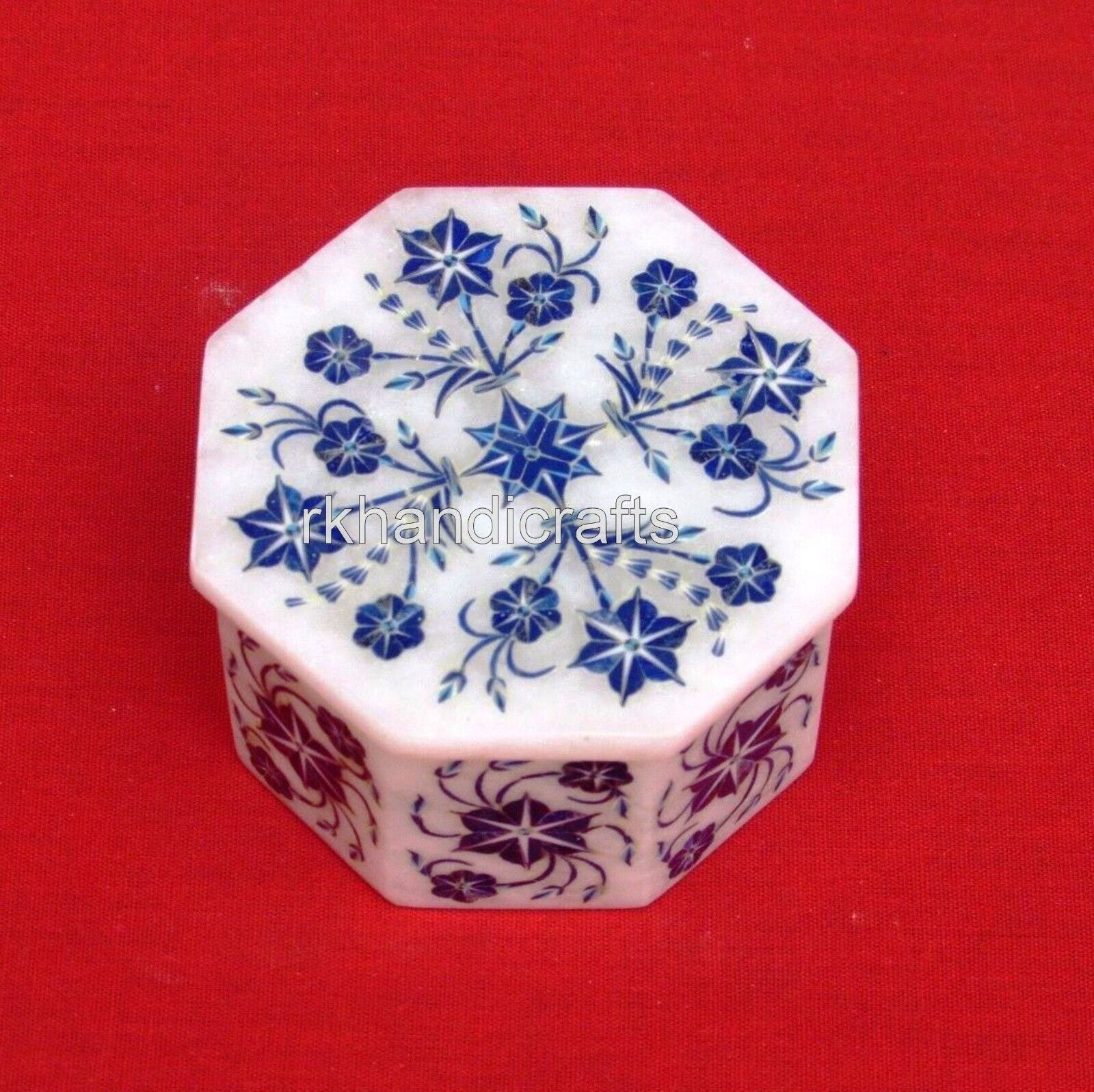 4 x 4 Inches Octagon Marble Trinket Box Semi Precious Stone Inlay Work Candy Box