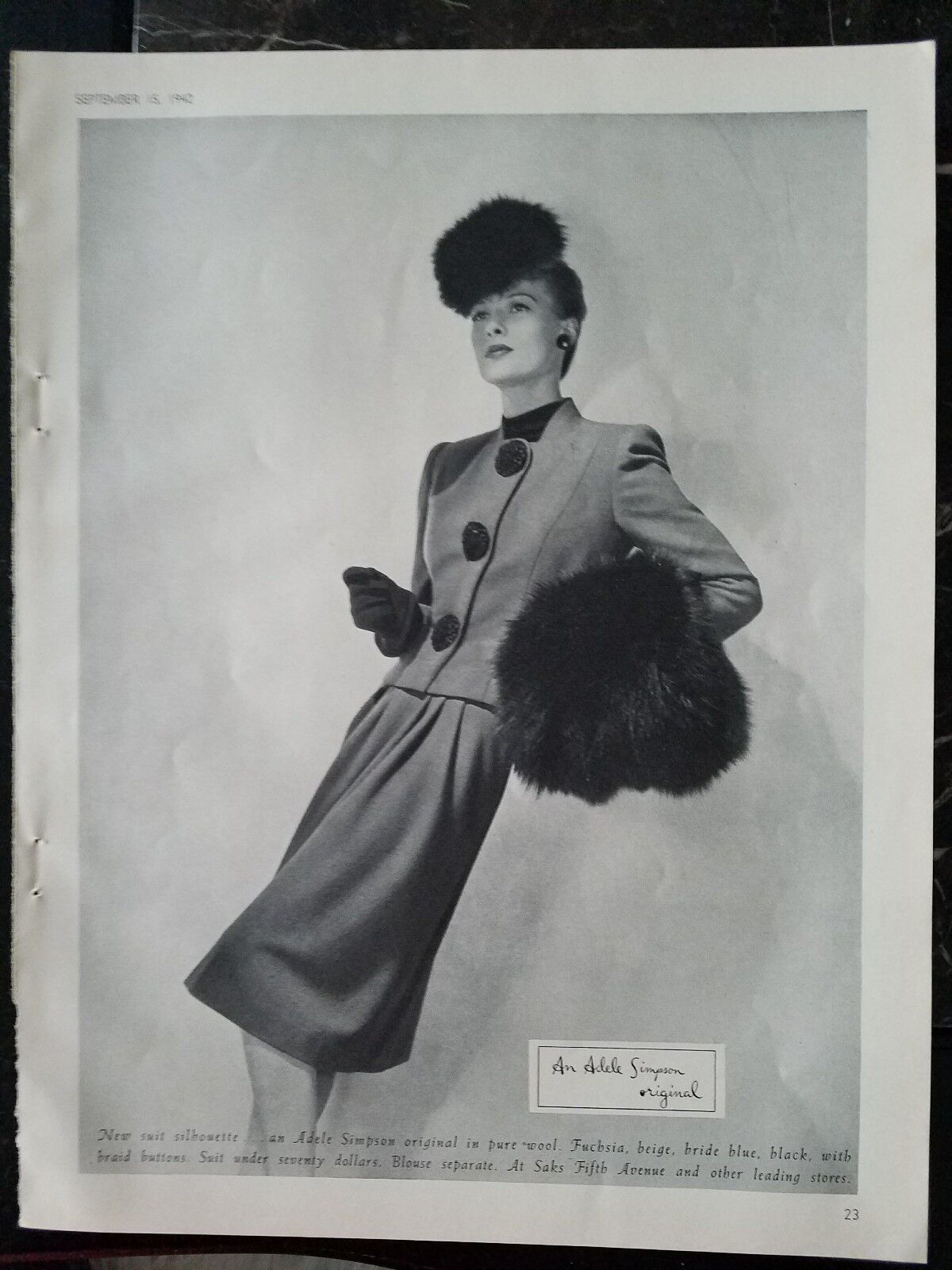 1942 Adele Simpson original women\'s wool suit dress fur muff vintage fashion ad