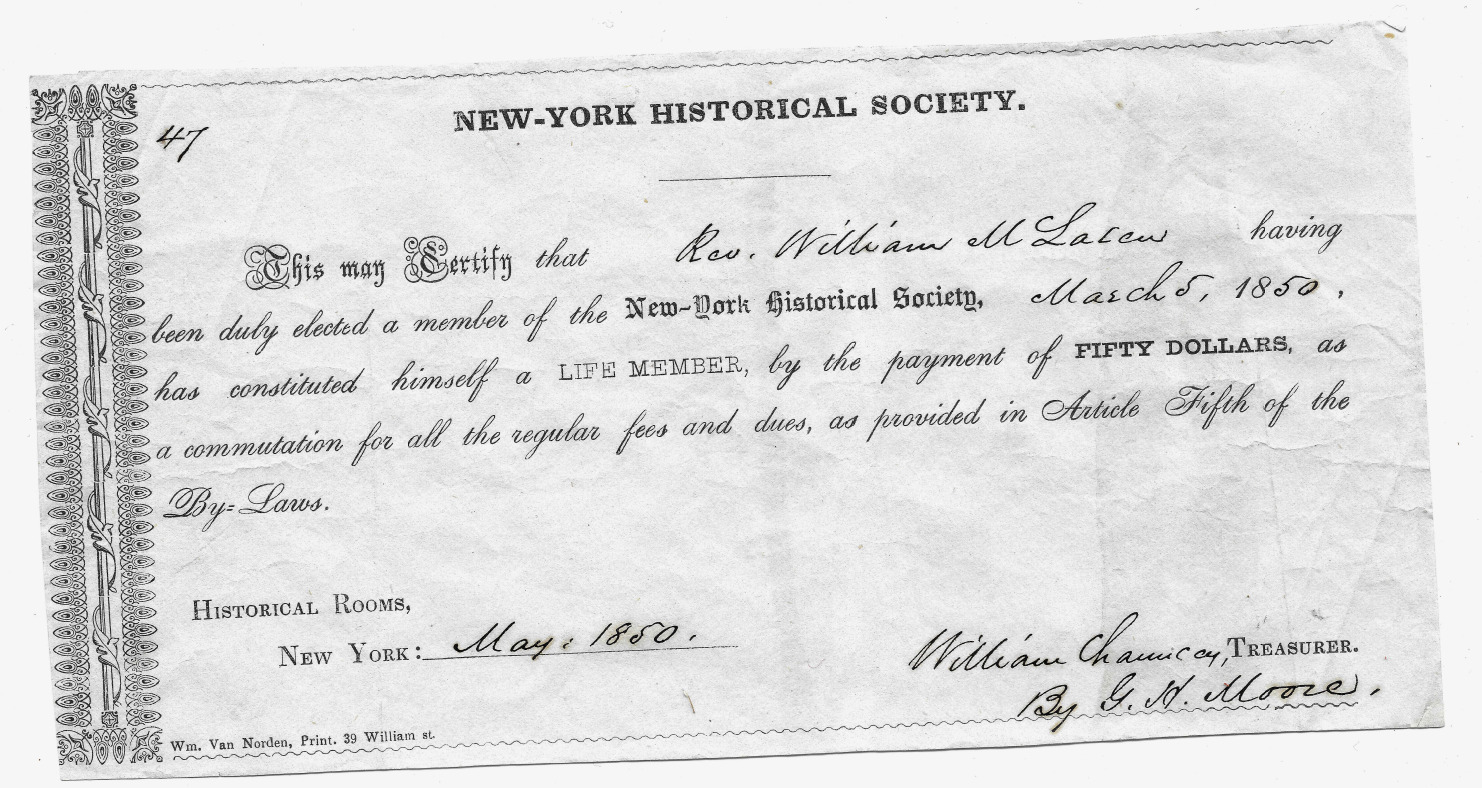 1850 New York Historical Society Life Membership Rate Vintage Americana