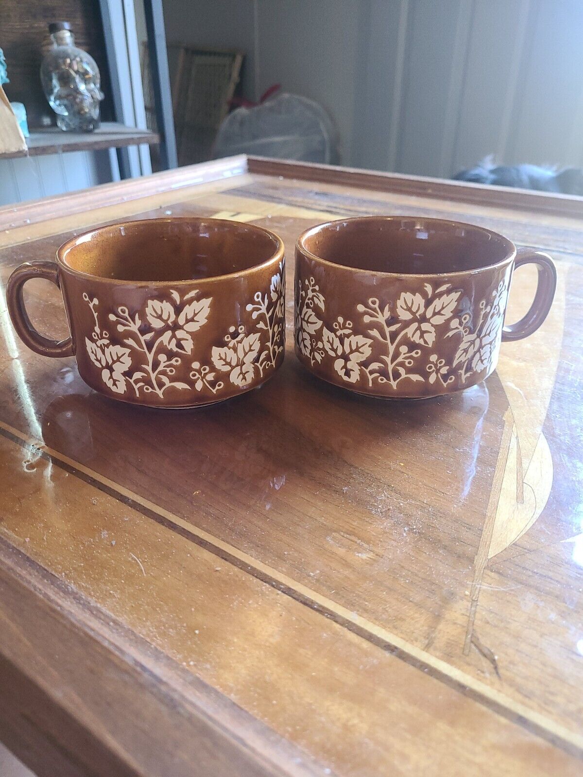 Set Of 2 Vintage Cappuccino/Soup Mugs Brown Glaze Japan Leaves and Vines MCM
