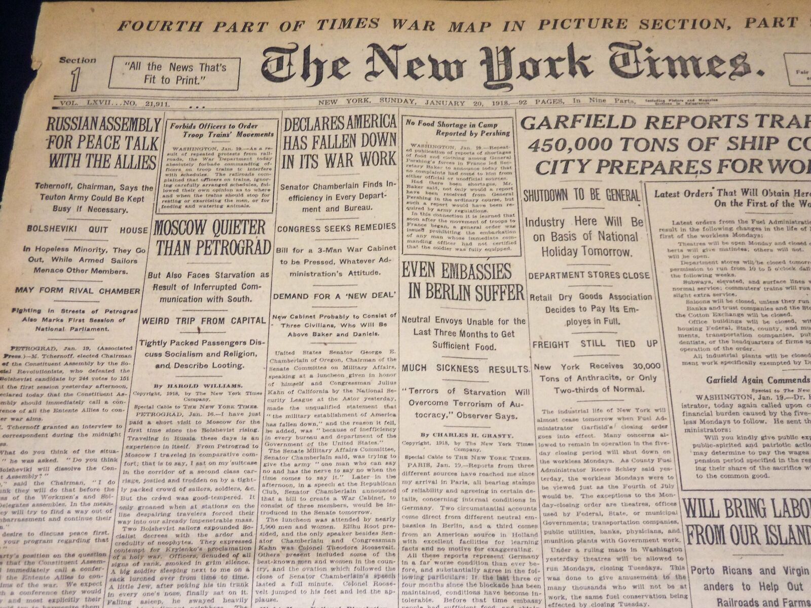 1918 JANUARY 20 NEW YORK TIMES - MOSCOW QUIETER THAN PETROGRAD - NT 7942