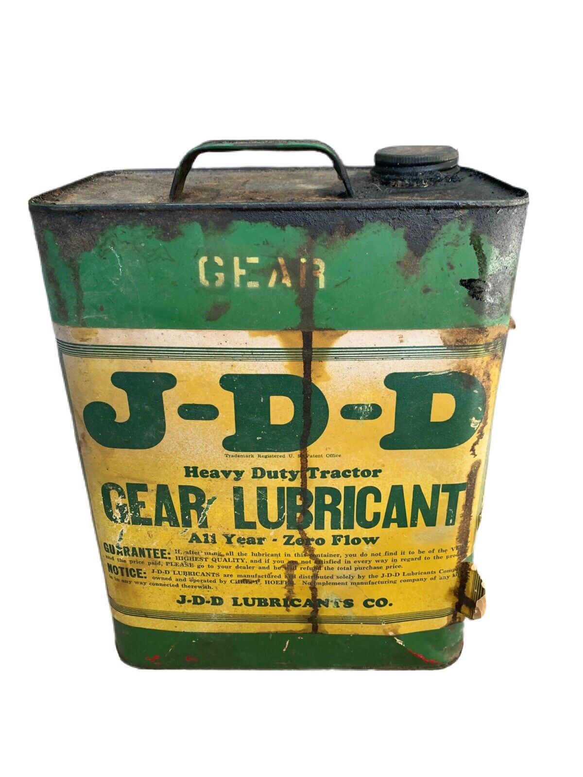 Vintage J-D-D John Deere Dealer Gear Lubricant 2 Gallon Oil Can