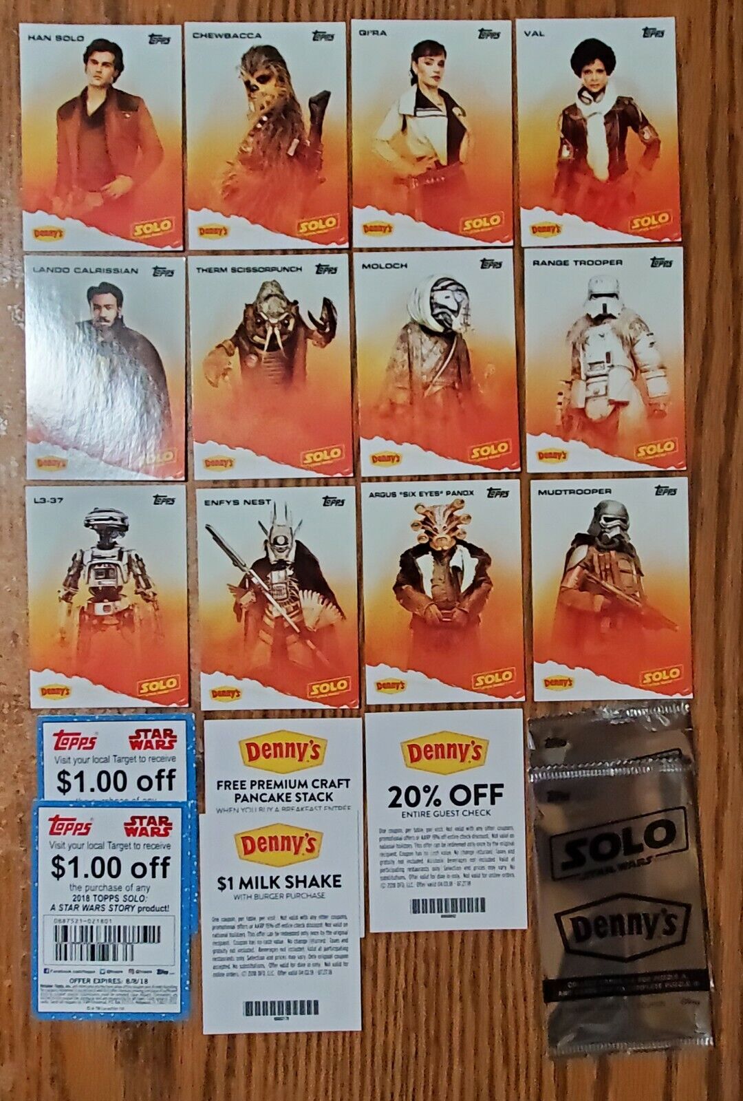 2018 TOPPS DENNY\'S  STAR WARS HAN SOLO COMPLETE SET 12 CARDS & COUPONS, WRAPPERS