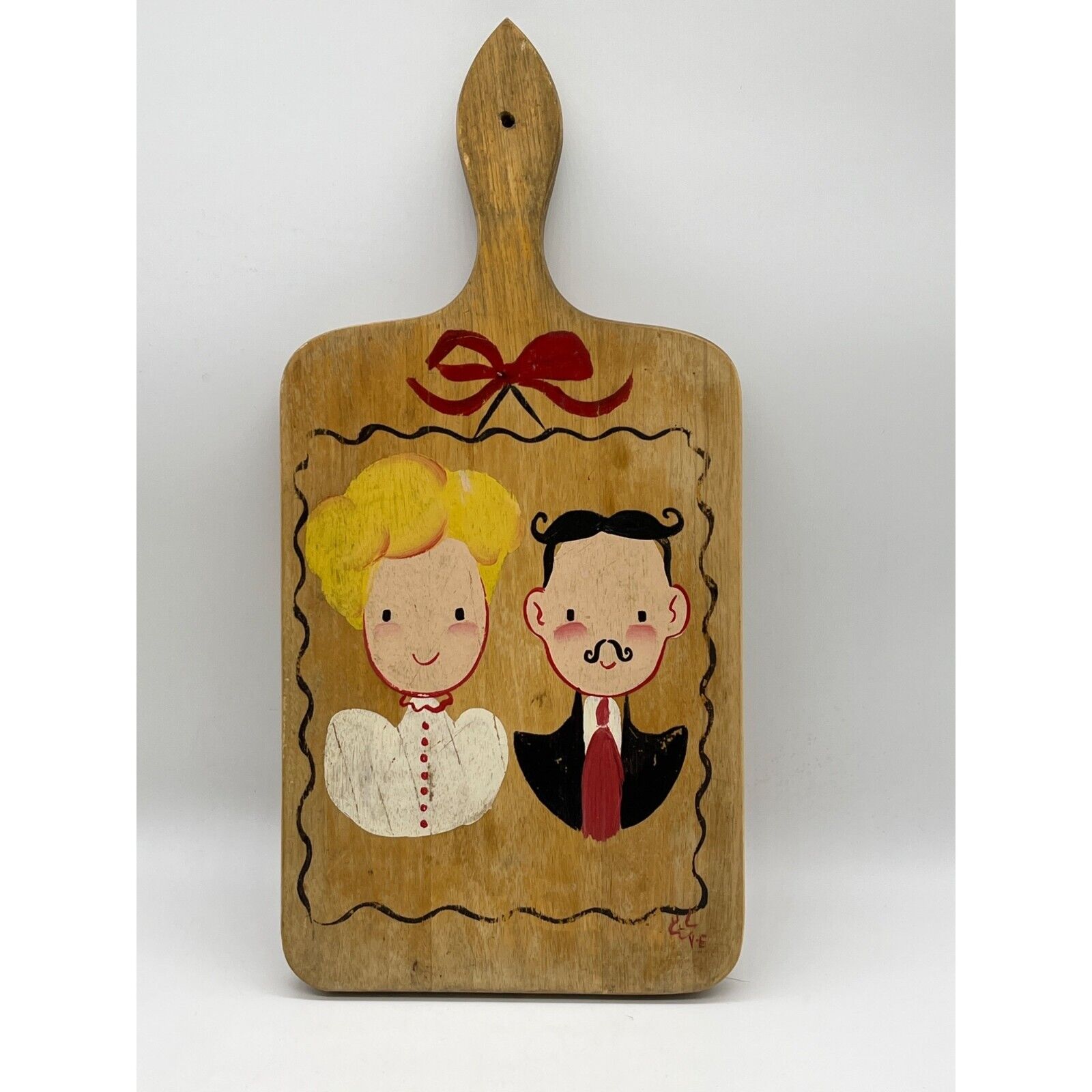 Vintage Hand Painted Wood Cutting Board Victorian Couple Artist Signed