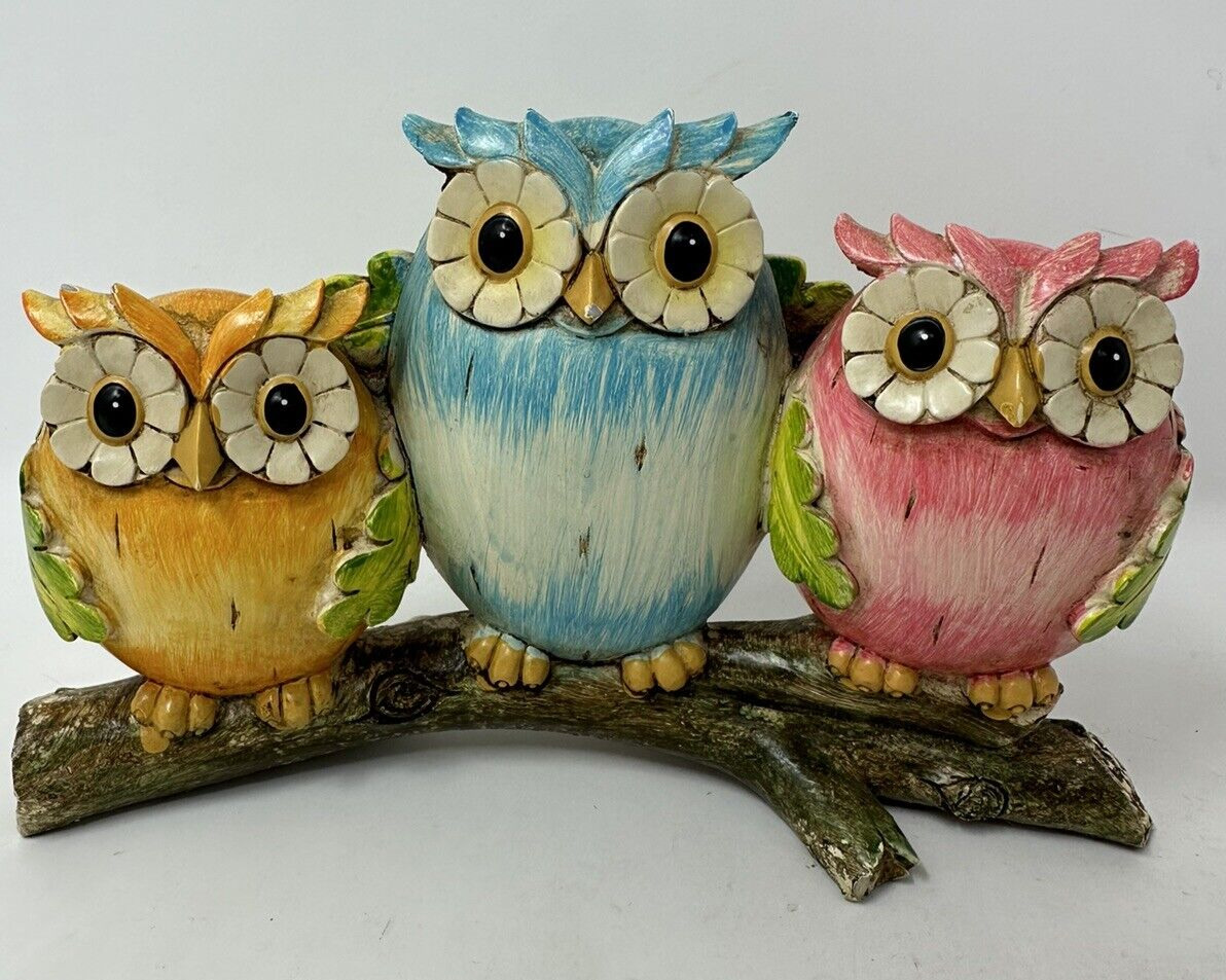 Vintage Three Owls on a Branch Figurine Poly-Resin 4.5\