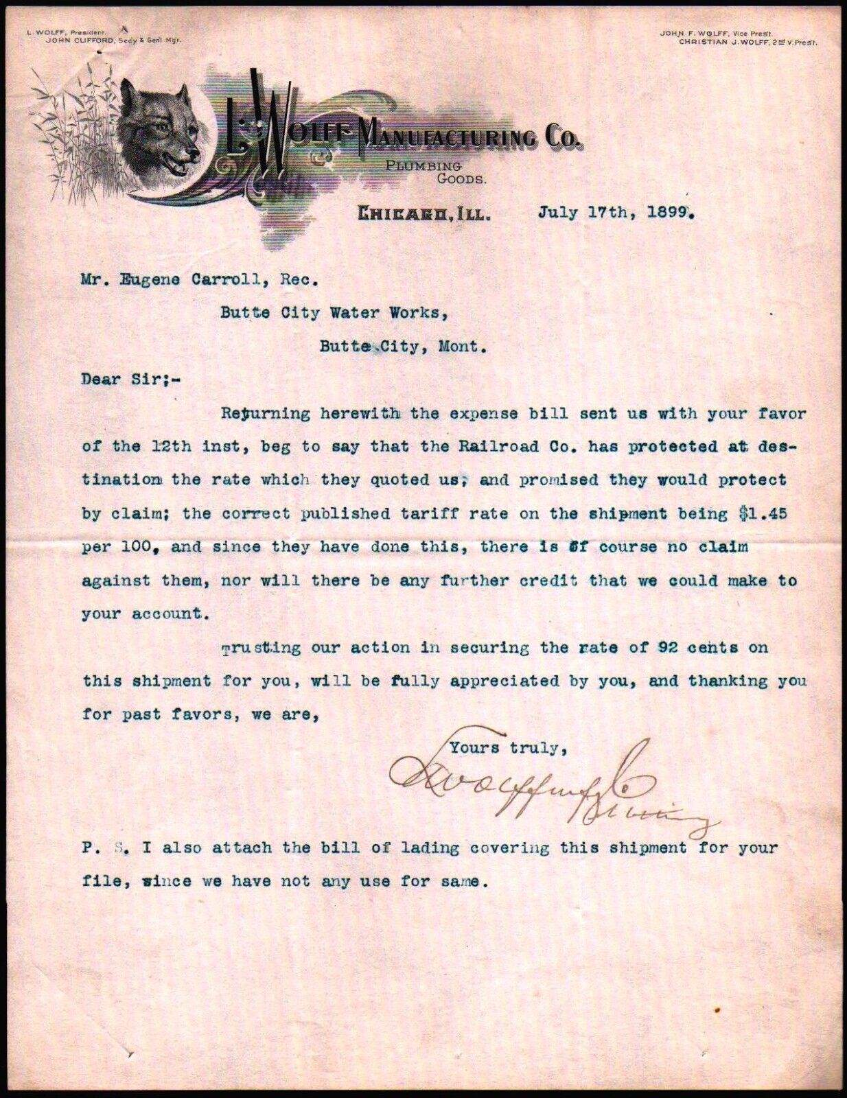 1899 Chicago - L Wolff Manufacturing Co - Plumbing Goods - Rare Letter Head Bill
