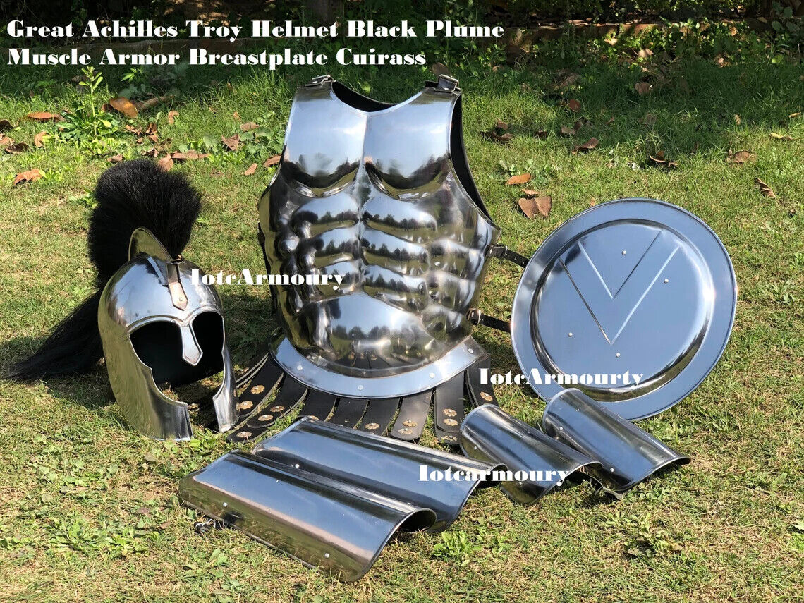 Great Achilles Troy Helmet Black Plume Muscle Armor Breastplate W/ Spartan Shiel