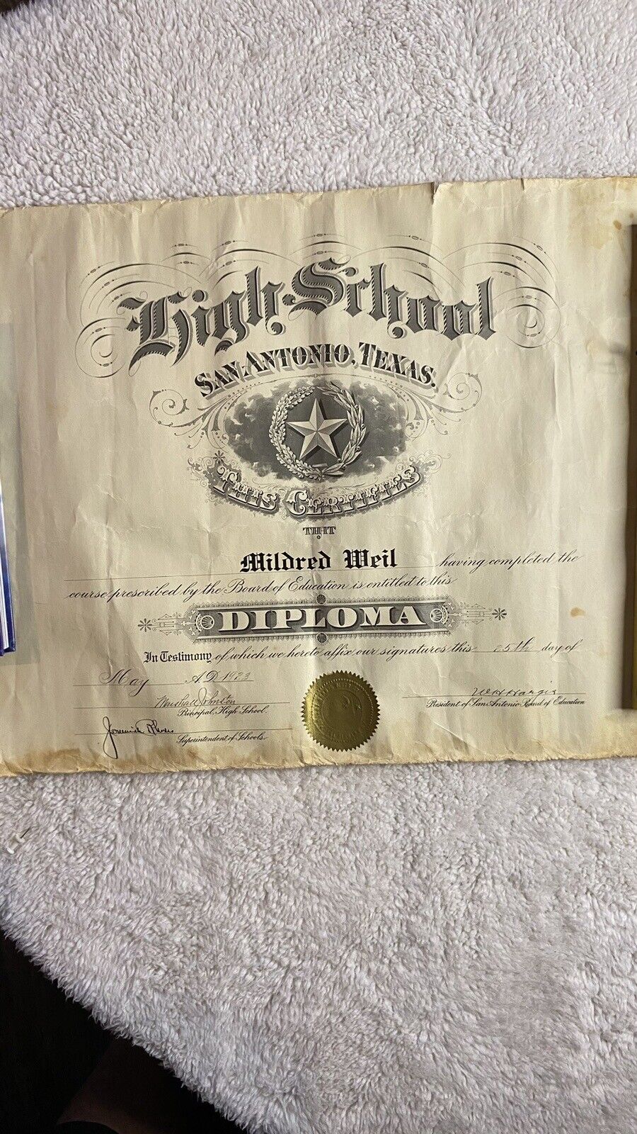 San Antonio Texas high school diploma 1923