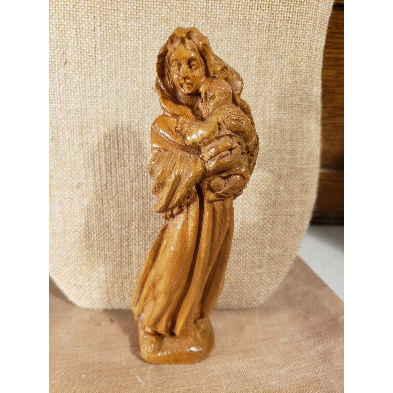 Vintage Olive Wood Carving of Madonna Mary & Child Jesus Made in Bethlehem 1980s
