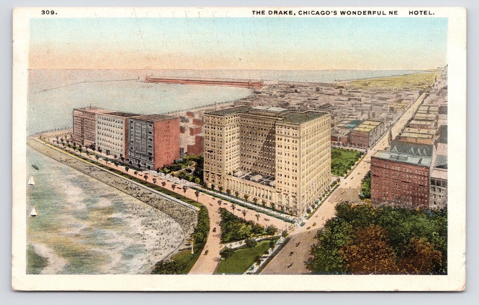 1920~Bird's Eye View~Drake Hotel~Lake Shore Dr. Chicago Illinois IL VTG Postcard